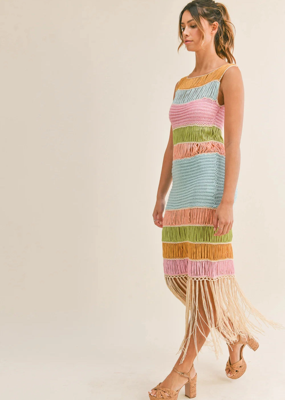Light Drape windproof DAISY FRINGED CROCHET KNIT DRESS