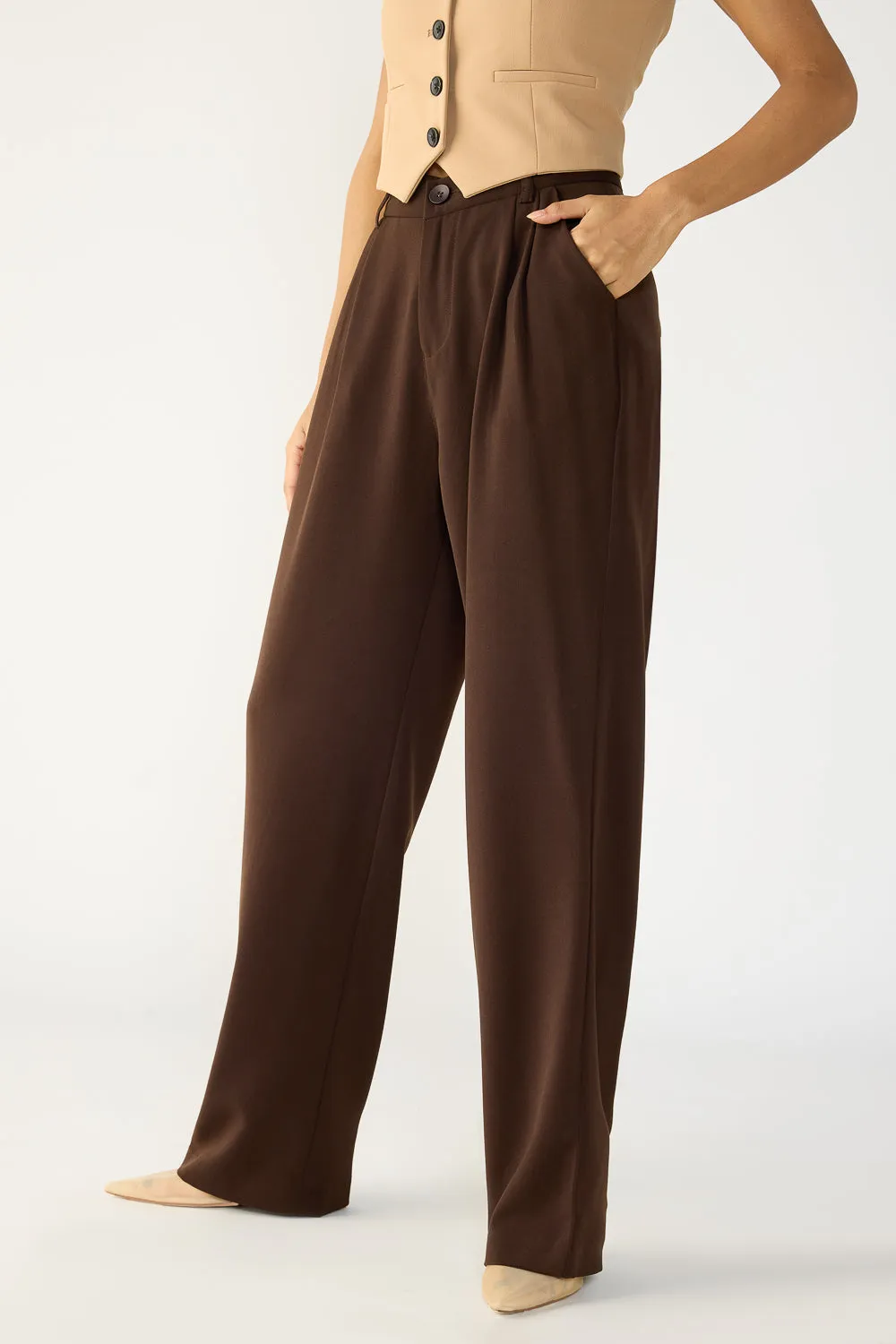 Water Resistant Finish Dark Brown Double Pleated Women's Straight Korean Pants