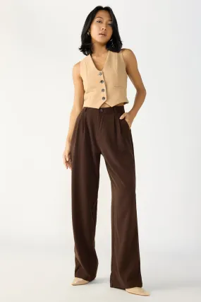 Dark Brown Double Pleated Women's Straight Korean Pants Wrinkle Resistant Finish Sporty Vibe