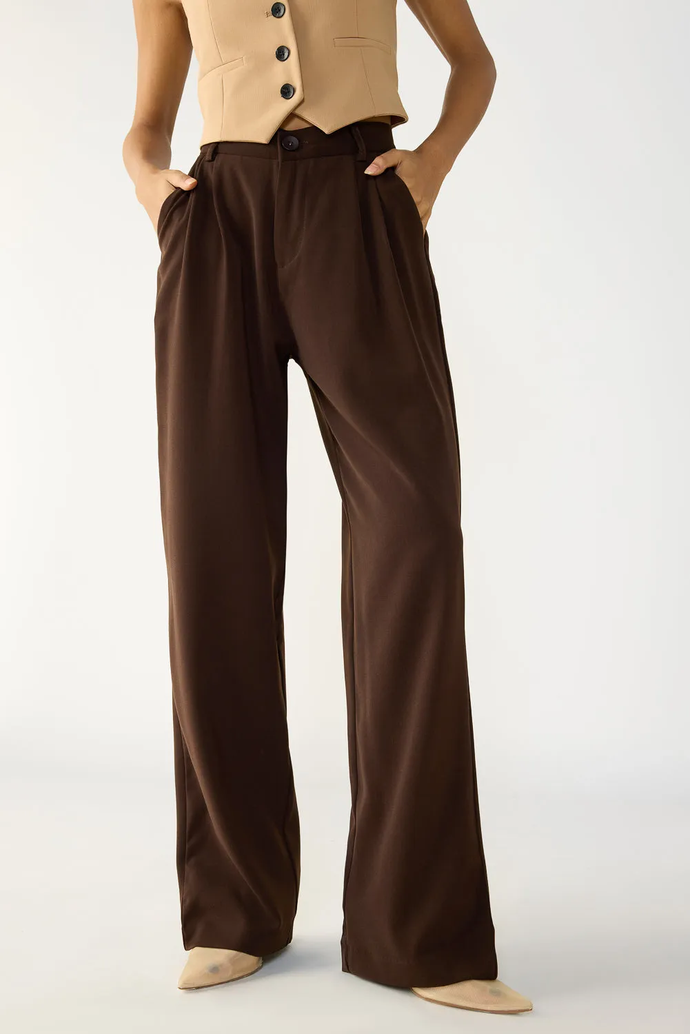 Flexibility Fit ElasticCuffs Dark Brown Double Pleated Women's Straight Korean Pants