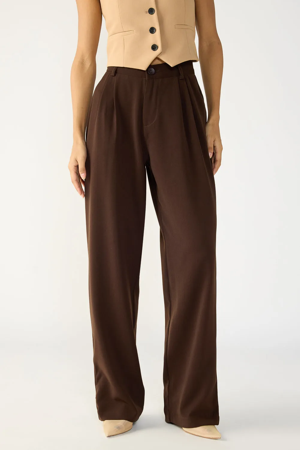 Multi Pocket Configuration Dark Brown Double Pleated Women's Straight Korean Pants