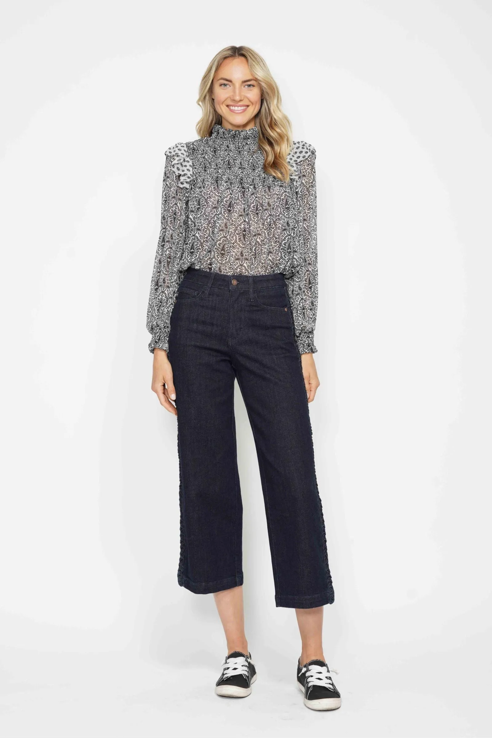 Dark Denim Judy Blue High Waisted Braid Detail Crop Wide Pant Durable Construction
