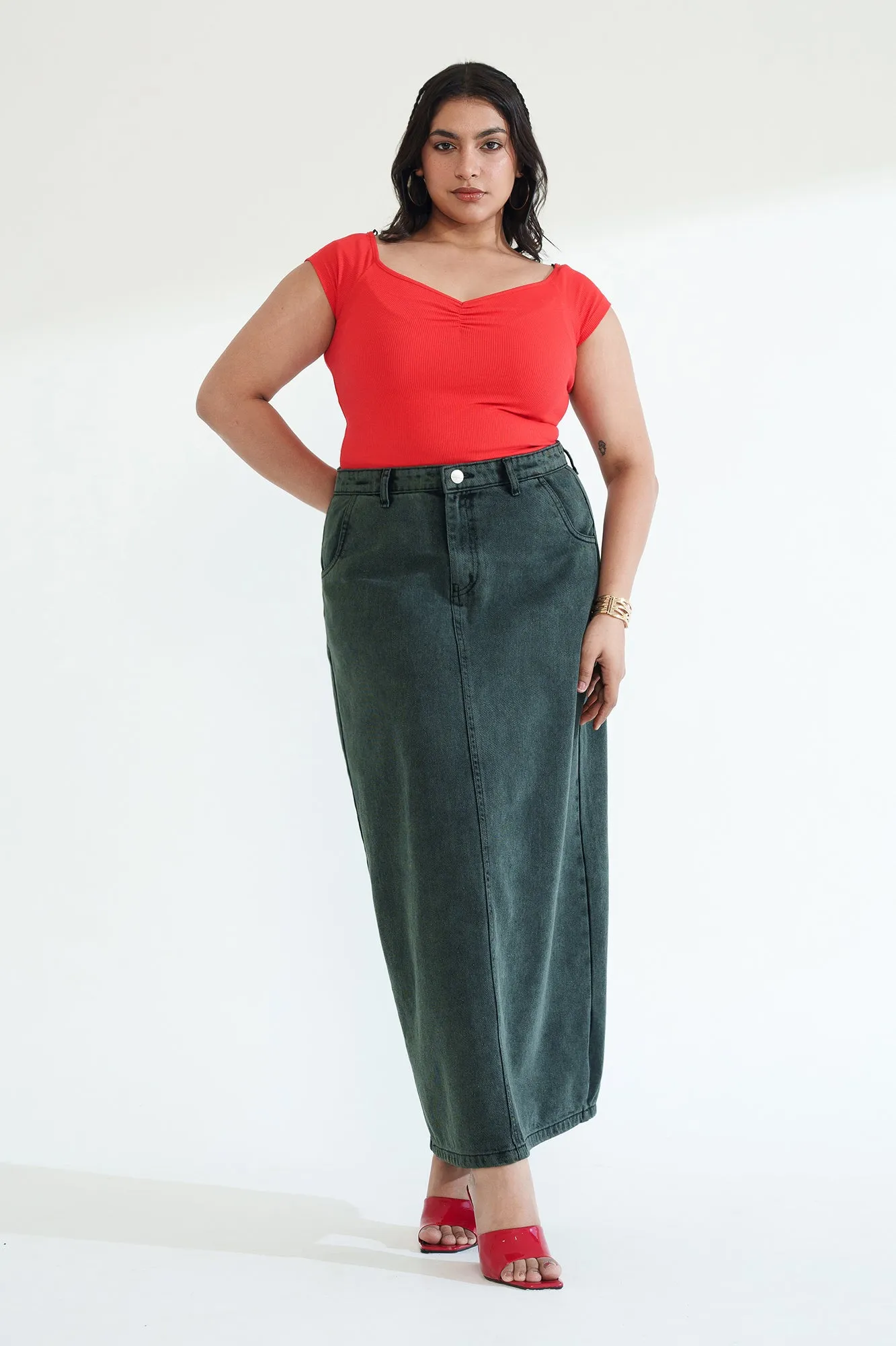 Dark Ivy Curve Long Straight Skirt Neutral Tones Fold Over Design