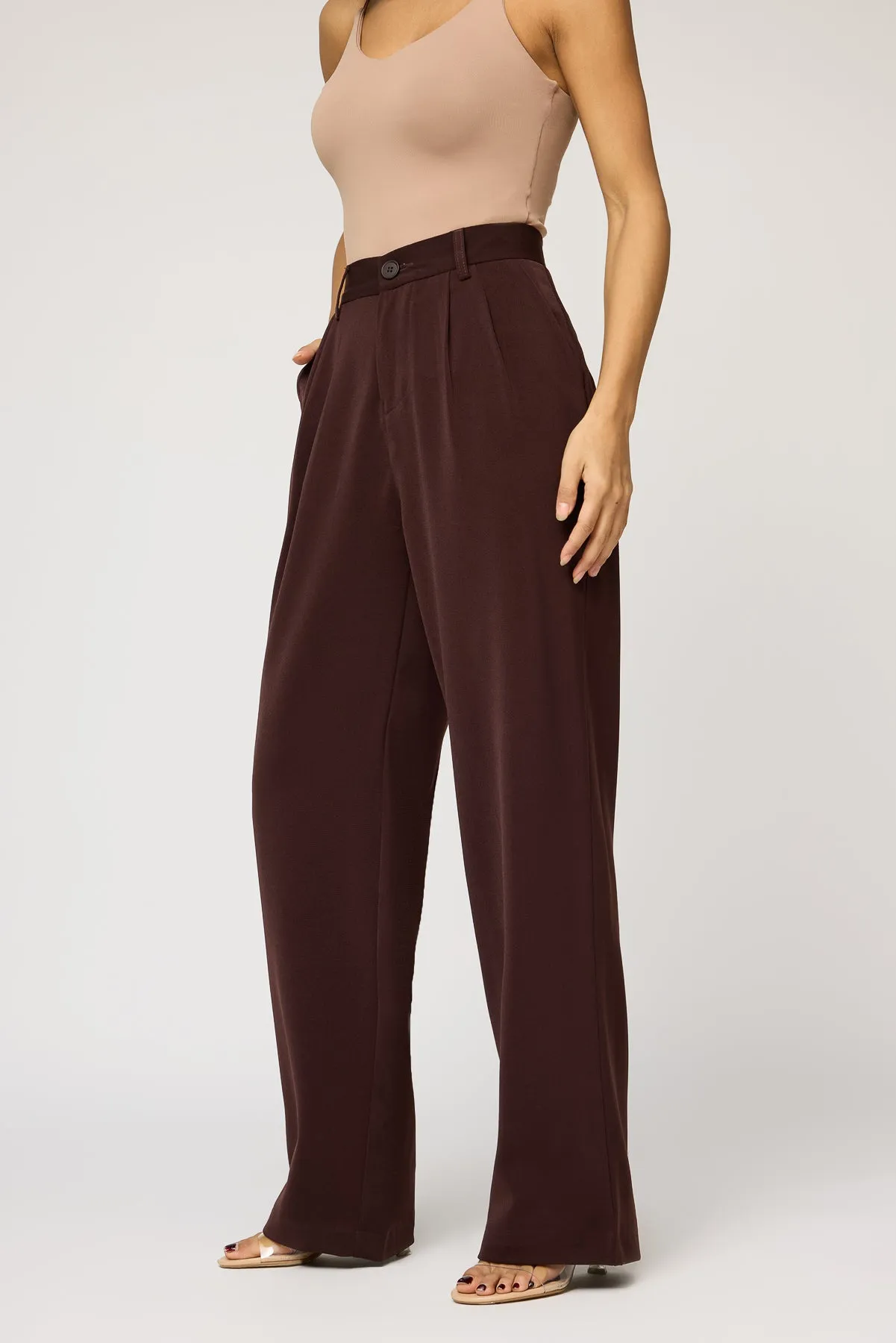 Deep Chestnut Double Pleated Women's Straight Korean Pants Timeless Comfort ReinforcedKnees