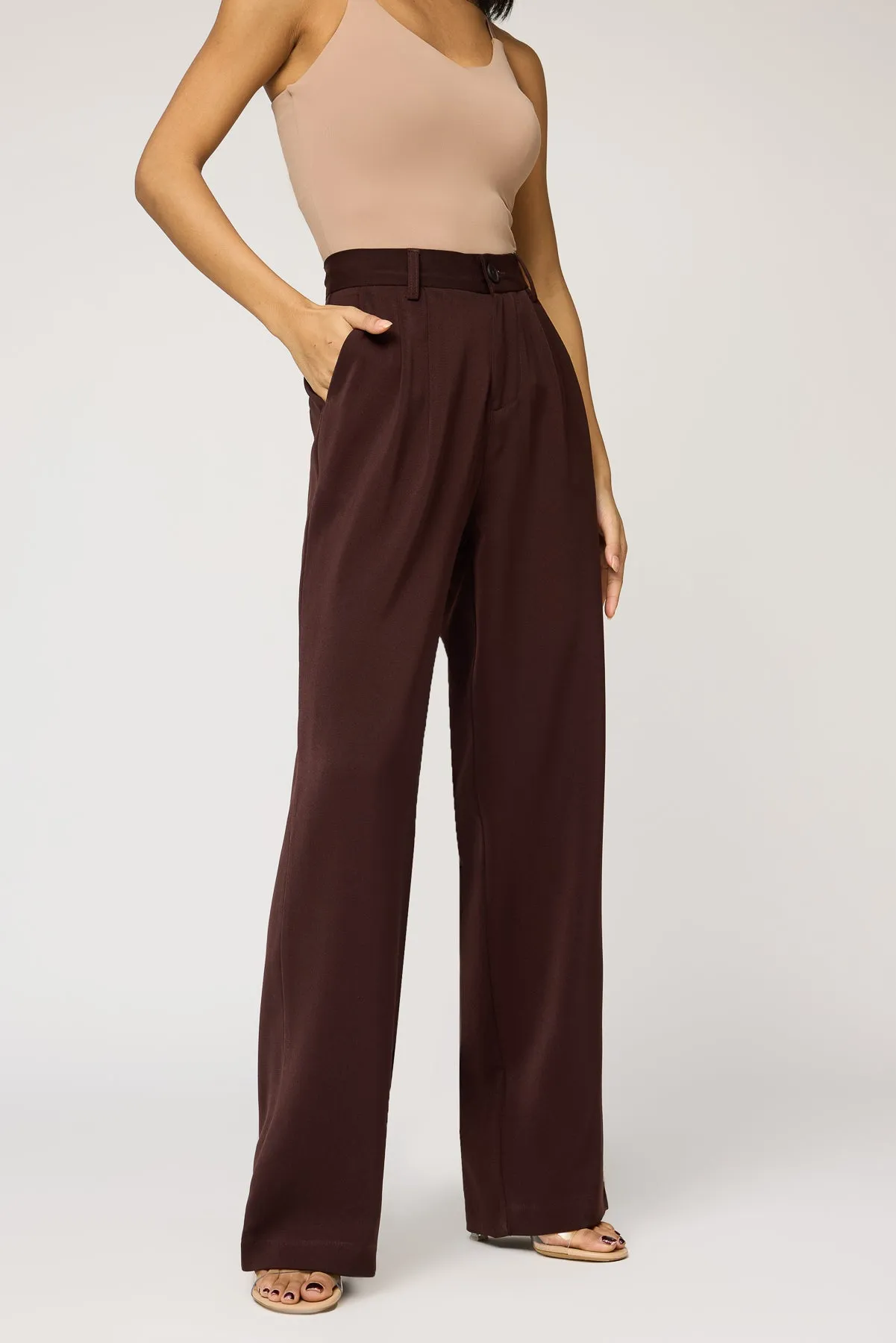 Deep Chestnut Double Pleated Women's Straight Korean Pants Minimalist Waist
