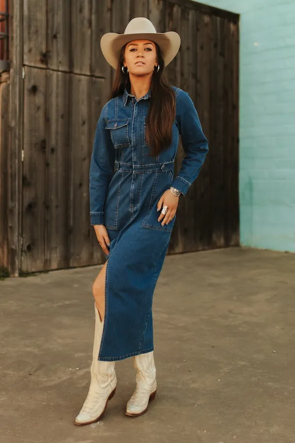 Contemporary Vibe Denim Maxi Dress w/ Front Slit & Pockets