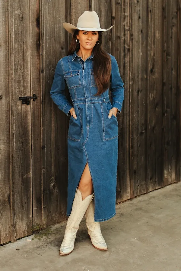 Warm Soft Denim Maxi Dress w/ Front Slit & Pockets
