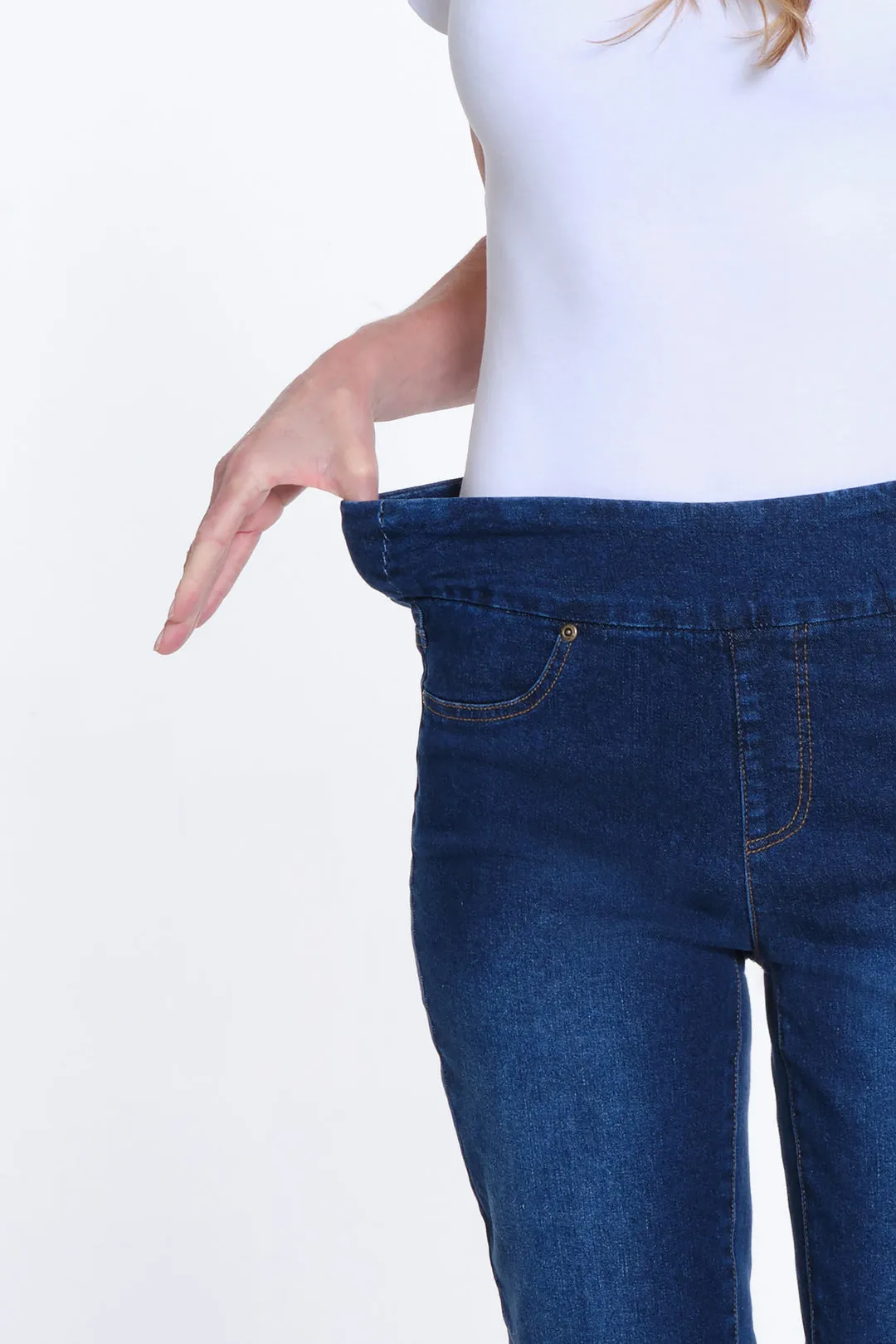Snag Free Fabric Denim Pull On Jeans w/ Pearl Details at Hem by Slimsation