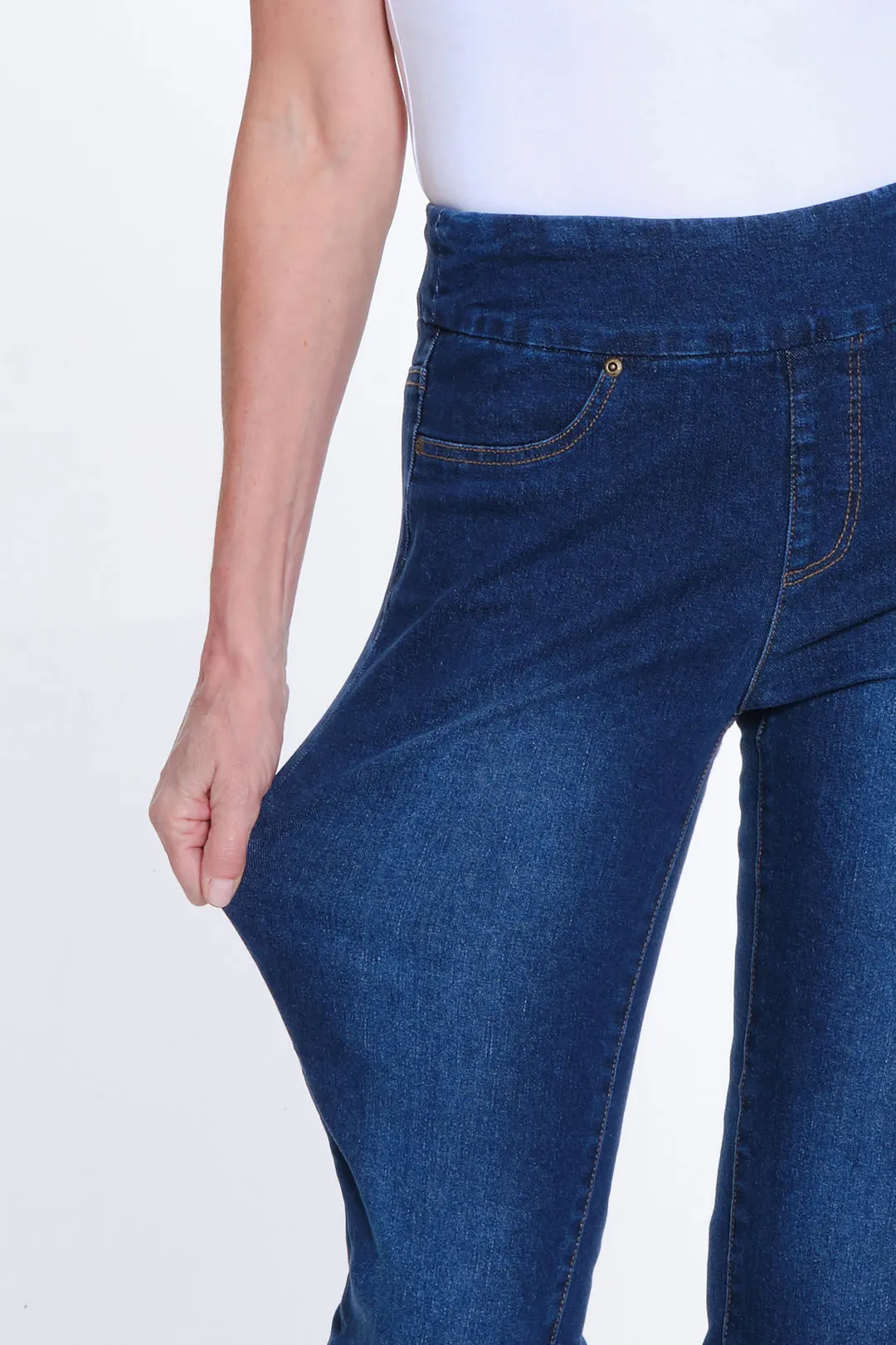 Flat Seams Denim Pull On Jeans w/ Pearl Details at Hem by Slimsation