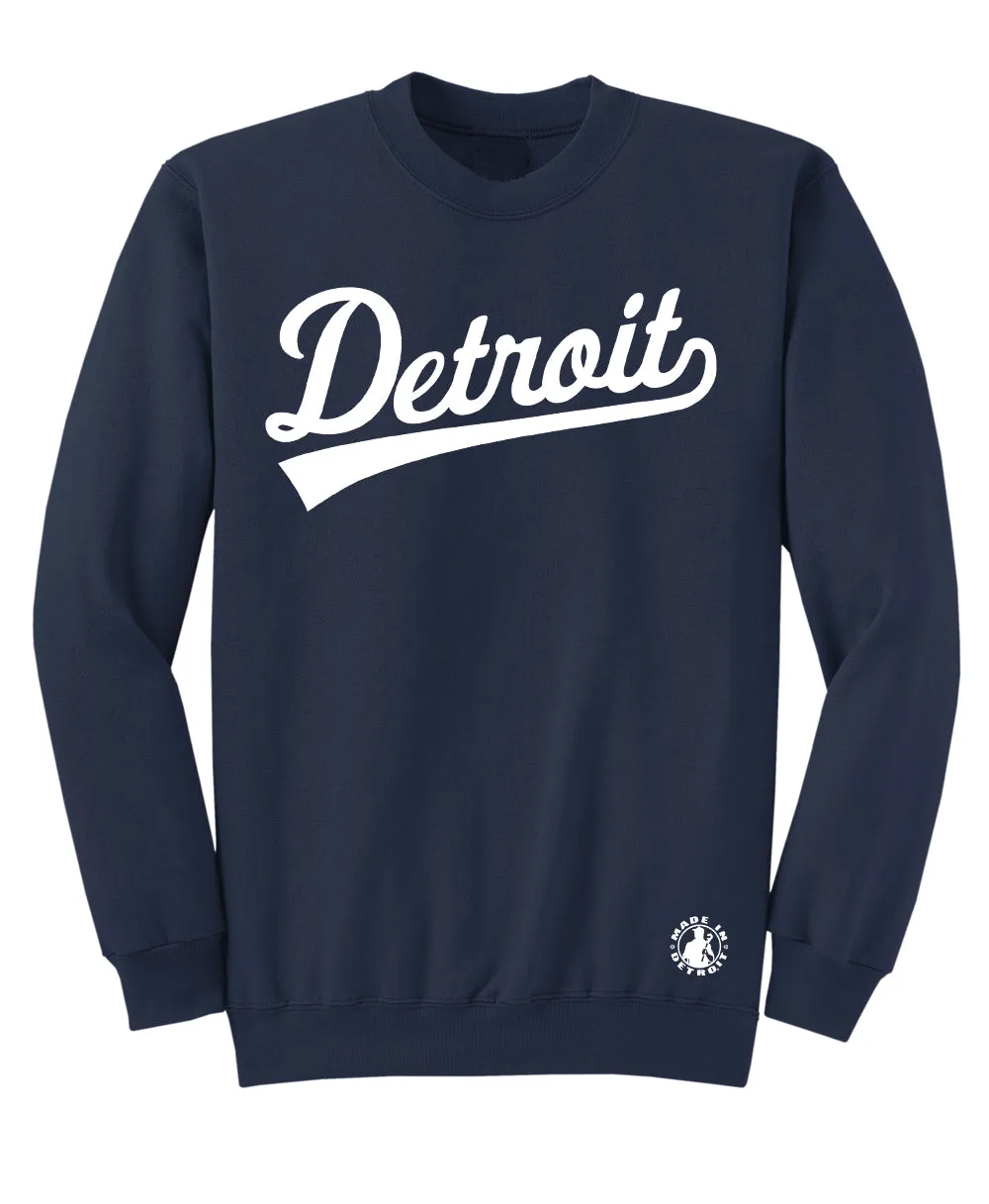 Detroit Tail Script Navy Crewneck Functional Zip Detail Clean Silhouette