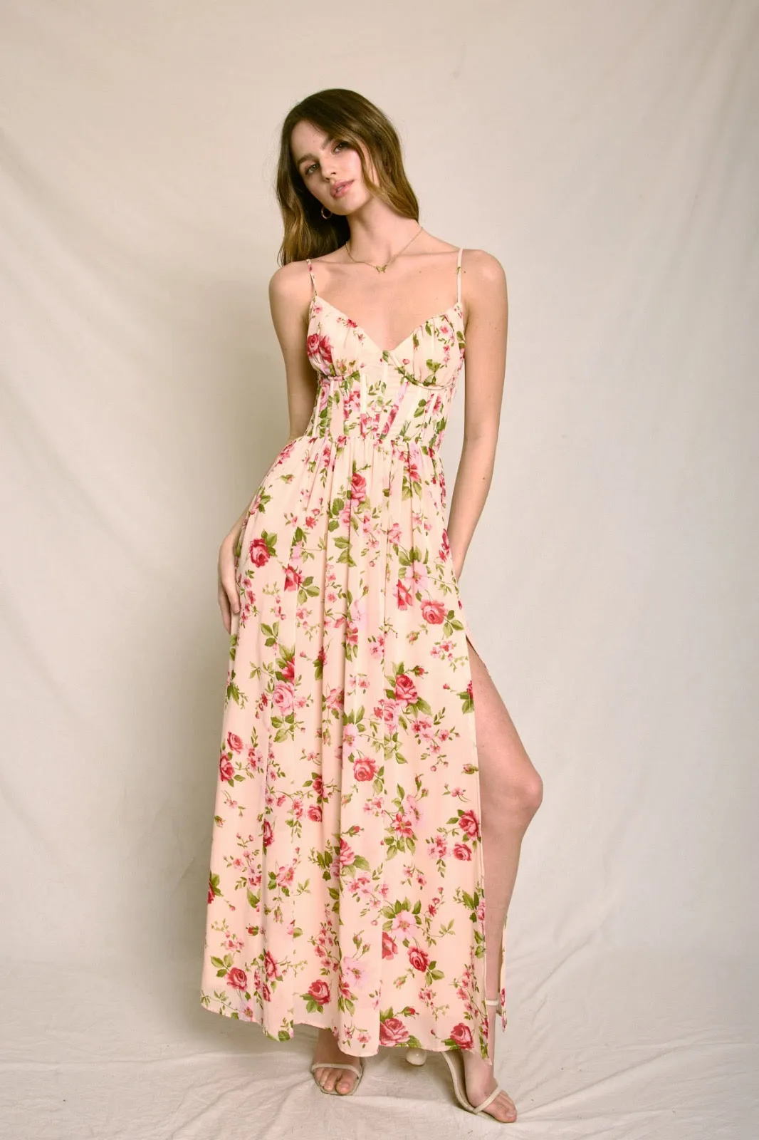 Vibrant Aesthetic Maternity-Fit Olivia Sleeveless Corset Floral Print Back Tie Maxi Dress Red