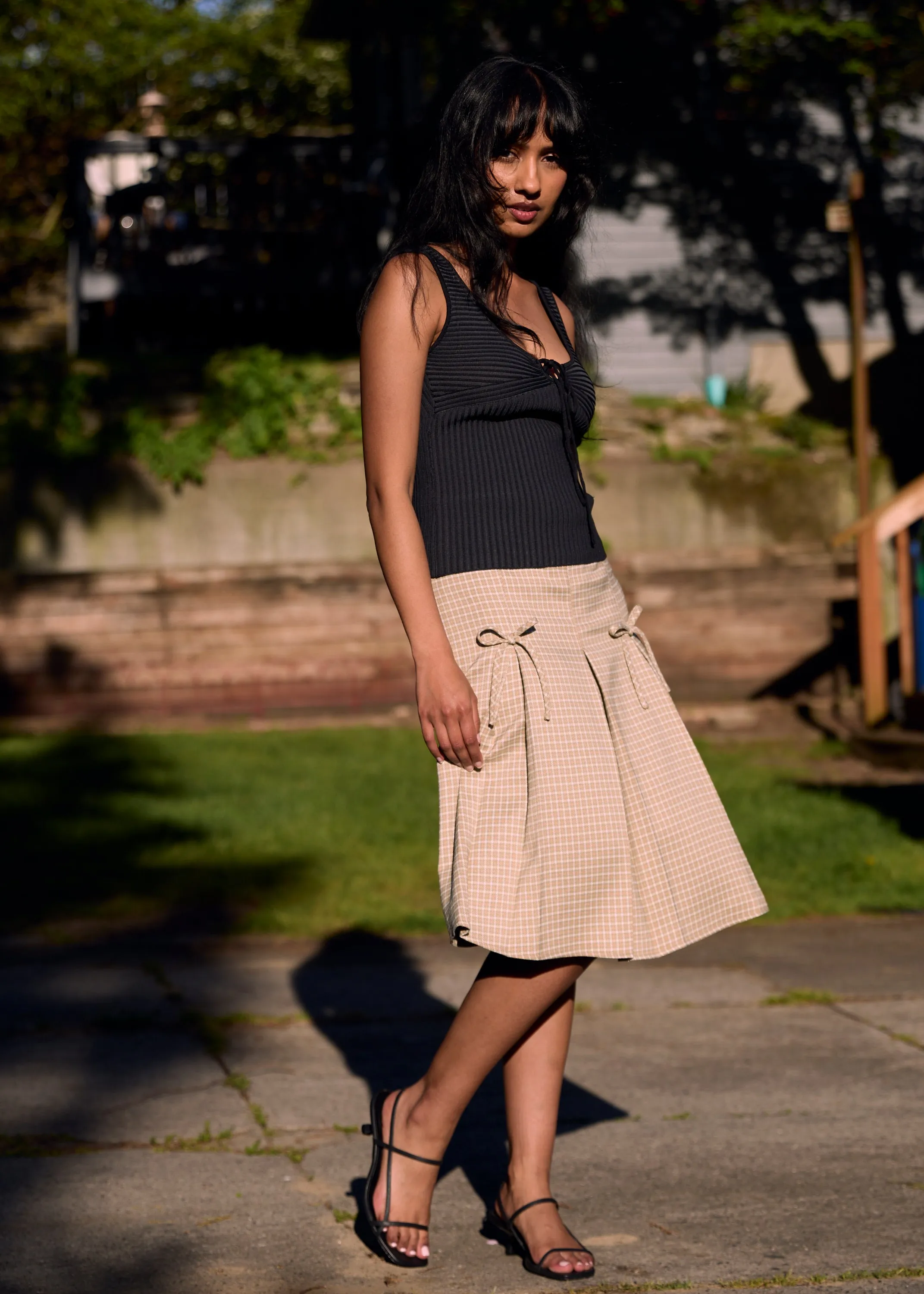 Essential Style High End Quality Neutral Green Bow Pleated Skirt