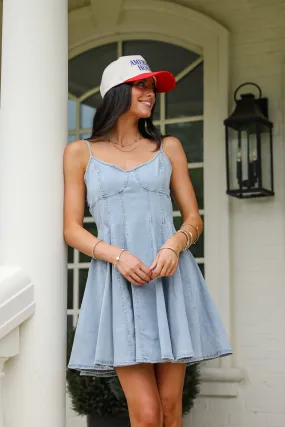 FINAL SALE - Ready For The Day Light Wash Denim Mini Dress TearResistantFabric Timeless Beauty