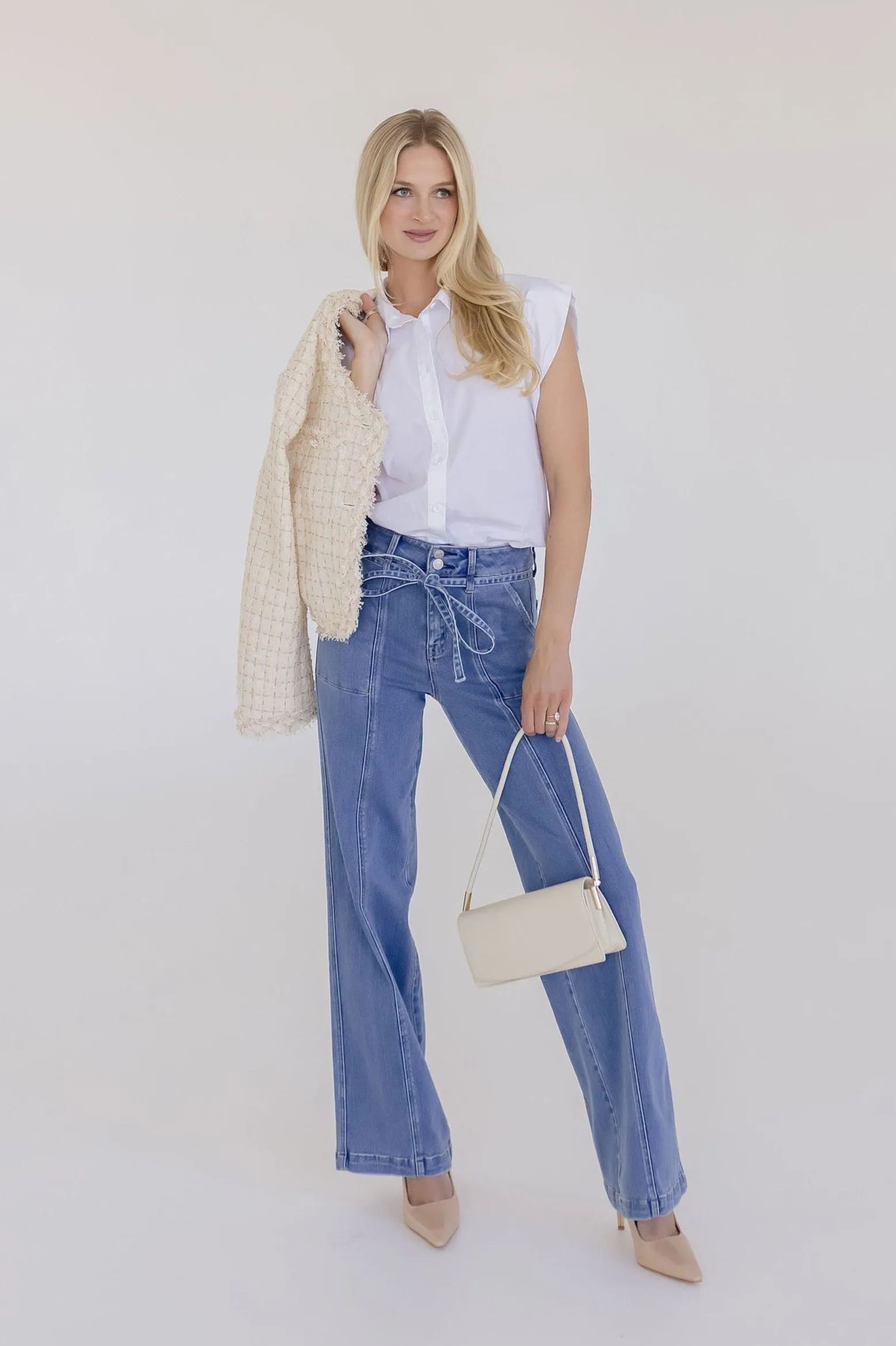 Waitlist 12/15 ? Norah High Rise Waist Tie Wide Leg Jeans Medium Wash Natural Fit