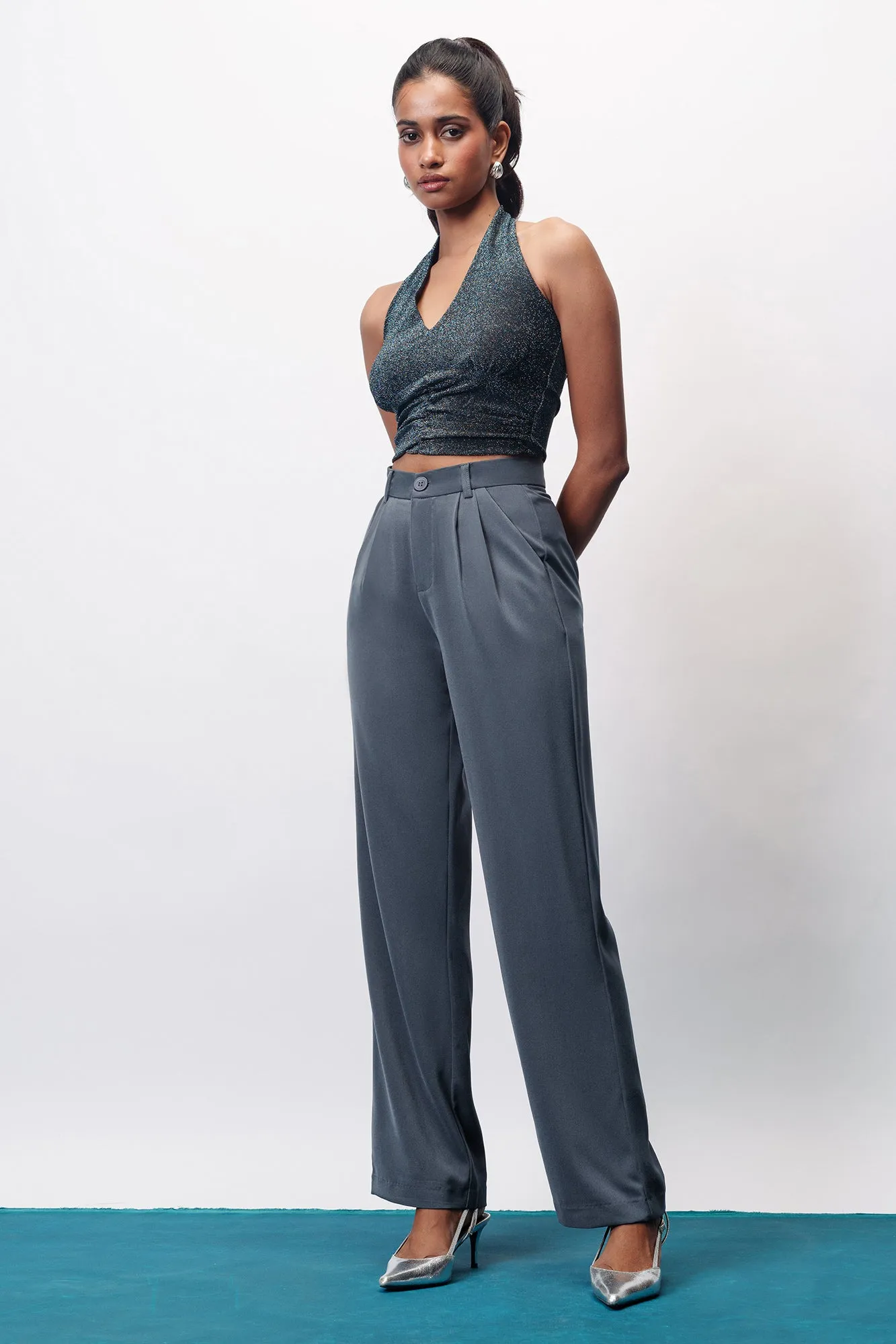 Slim wear Star Grey Double Pleated Women's Wide Korean Pants