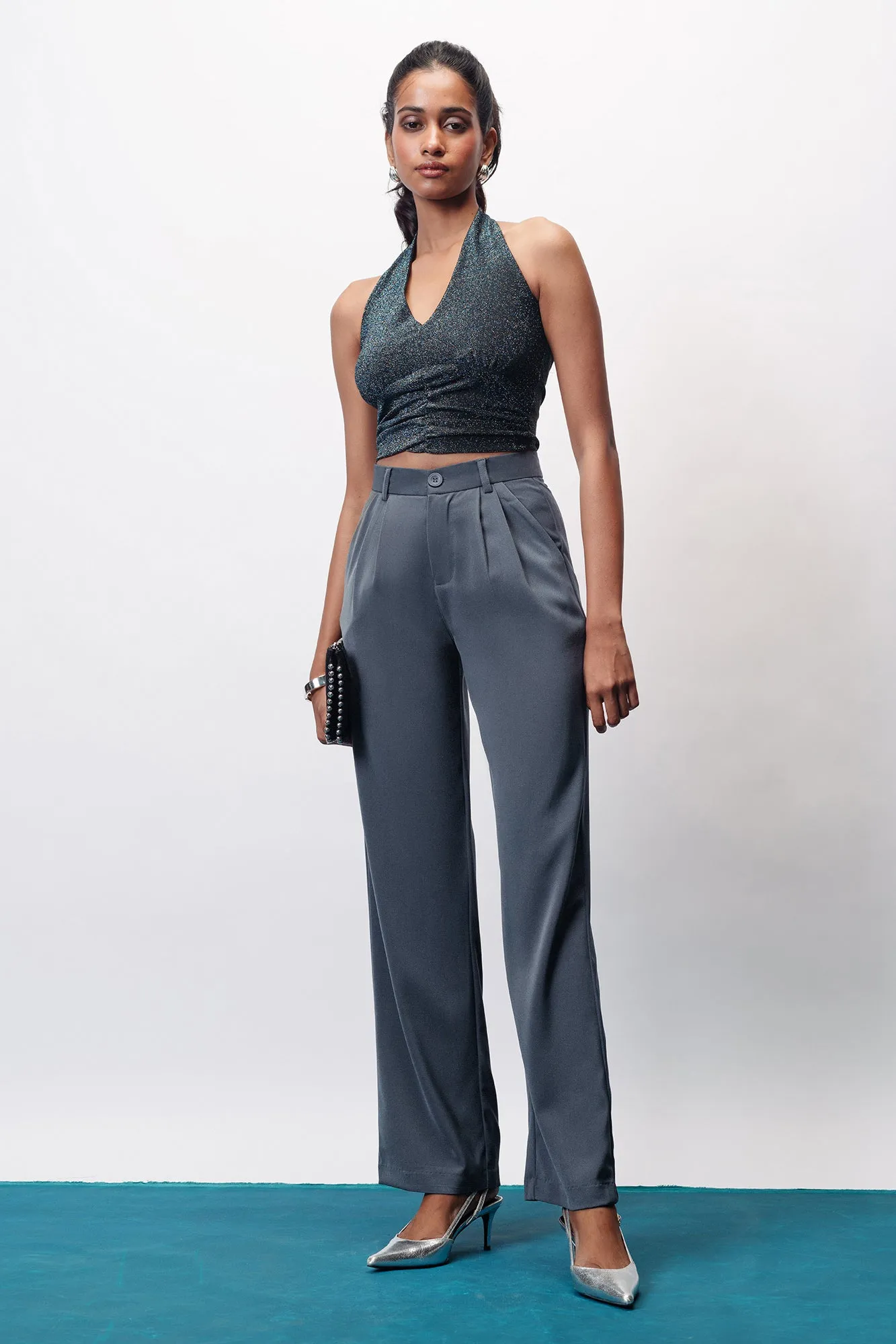 Star Grey Double Pleated Women's Wide Korean Pants HighWaistSupport Tight Cut
