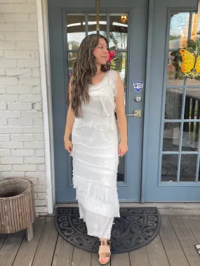 White Silk Ankle Length Ruffle Dress Subtle Finish