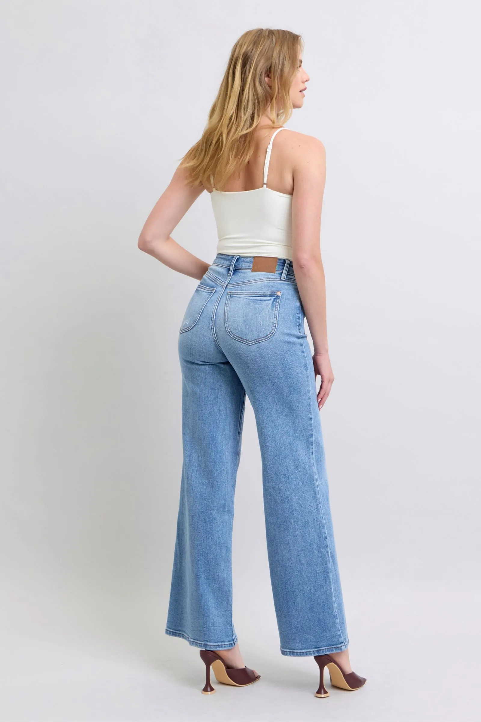 Judy Blue High Waist Vintage Wash Retro Wide Leg Jeans Recycled Polyester Blend