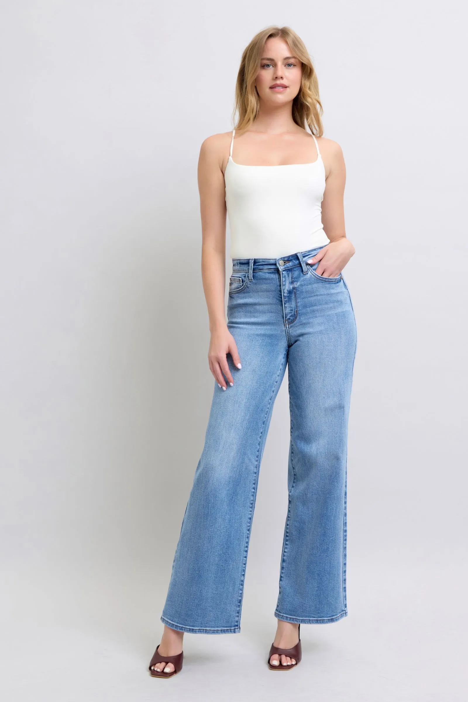 Laser Cut Edges Unisex style Judy Blue High Waist Vintage Wash Retro Wide Leg Jeans