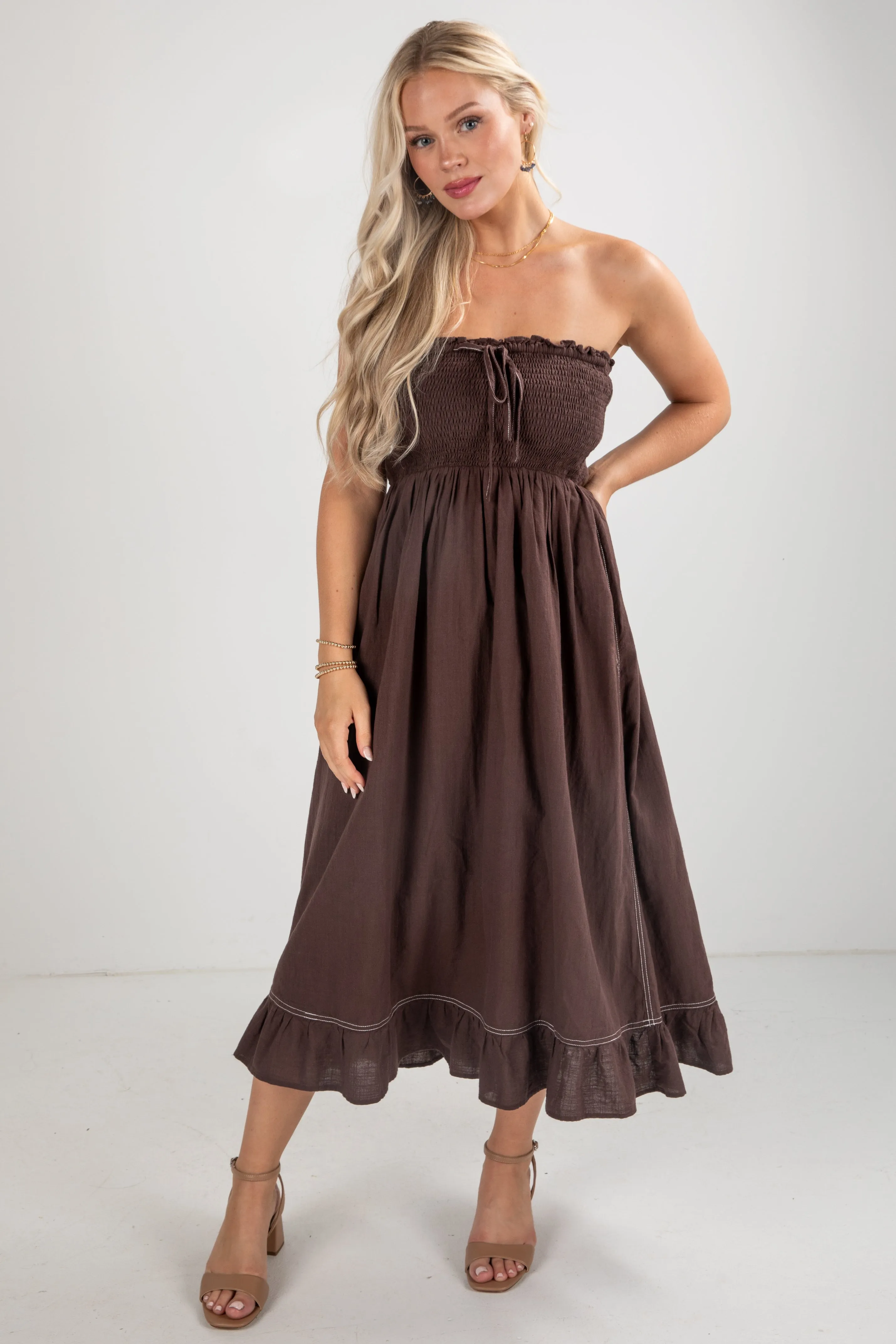 Contemporary Vibe Stylish Pick FINAL SALE - This Is It Brown Smocked Strapless Midi Dress