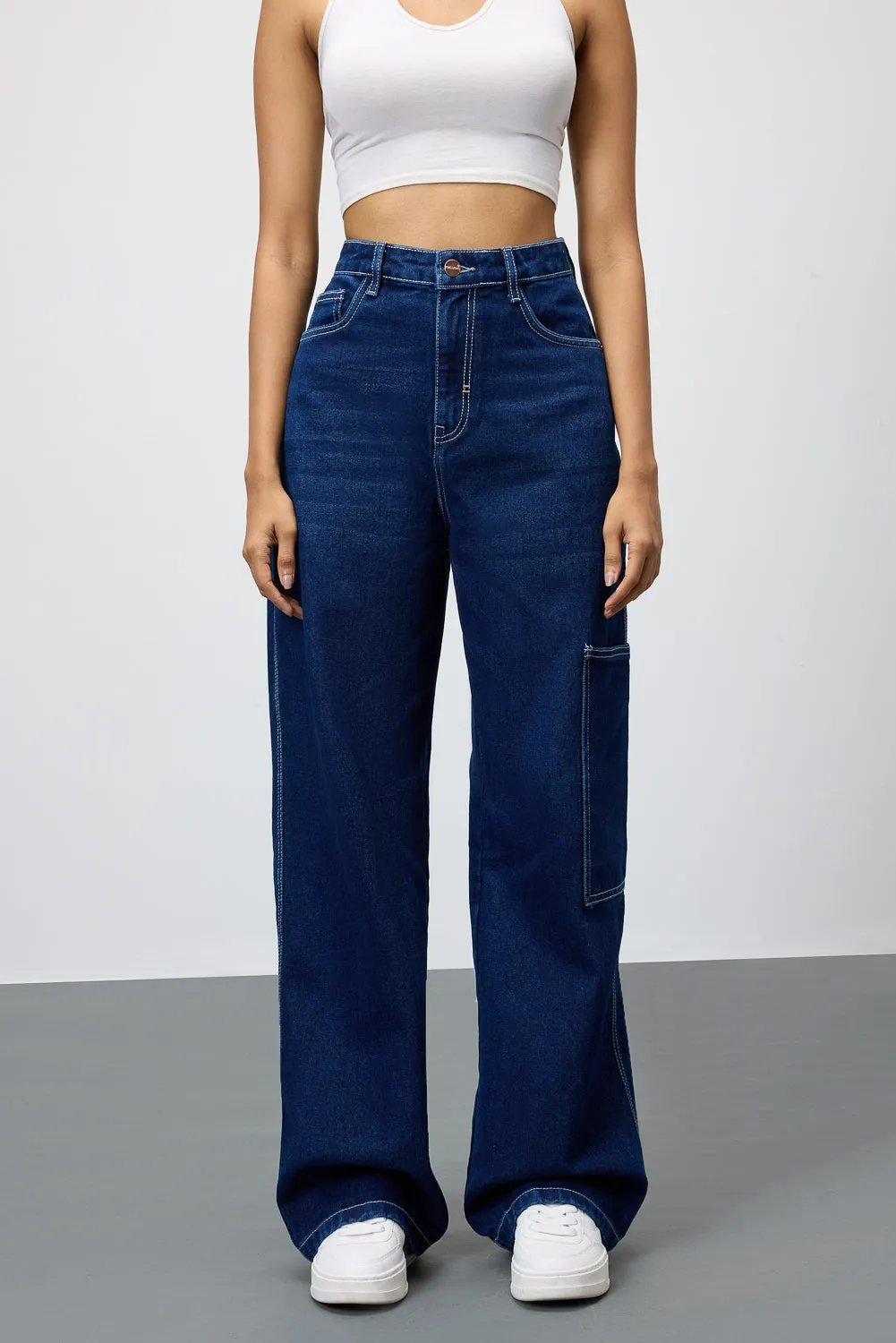 Blue Pinstripe Pocket Women's Baggy Straight Cargo Pants Party Look Earthy Easy Essentials