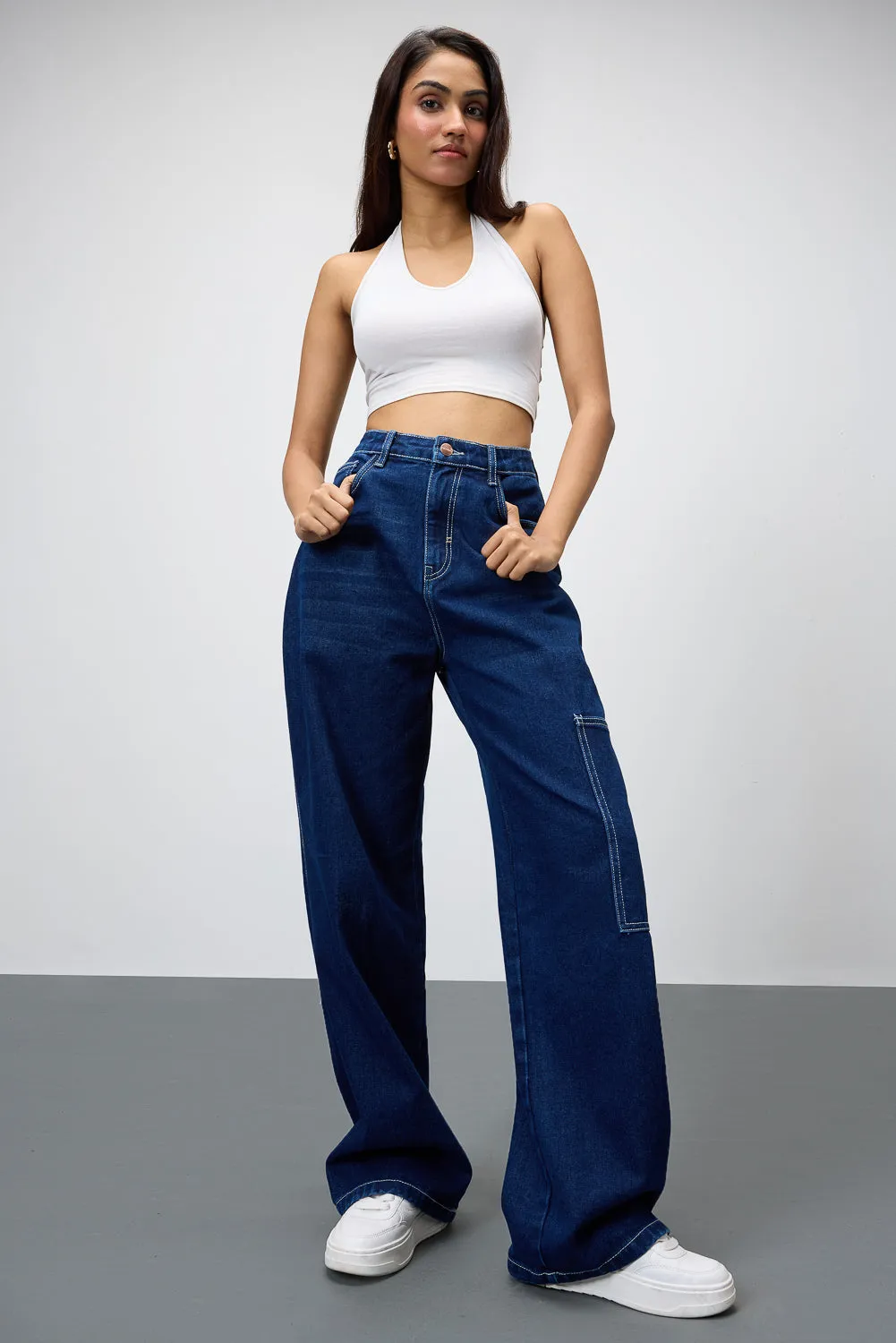 Blue Pinstripe Pocket Women's Baggy Straight Cargo Pants Vintage Inspired Weave Eco Conscious Denim
