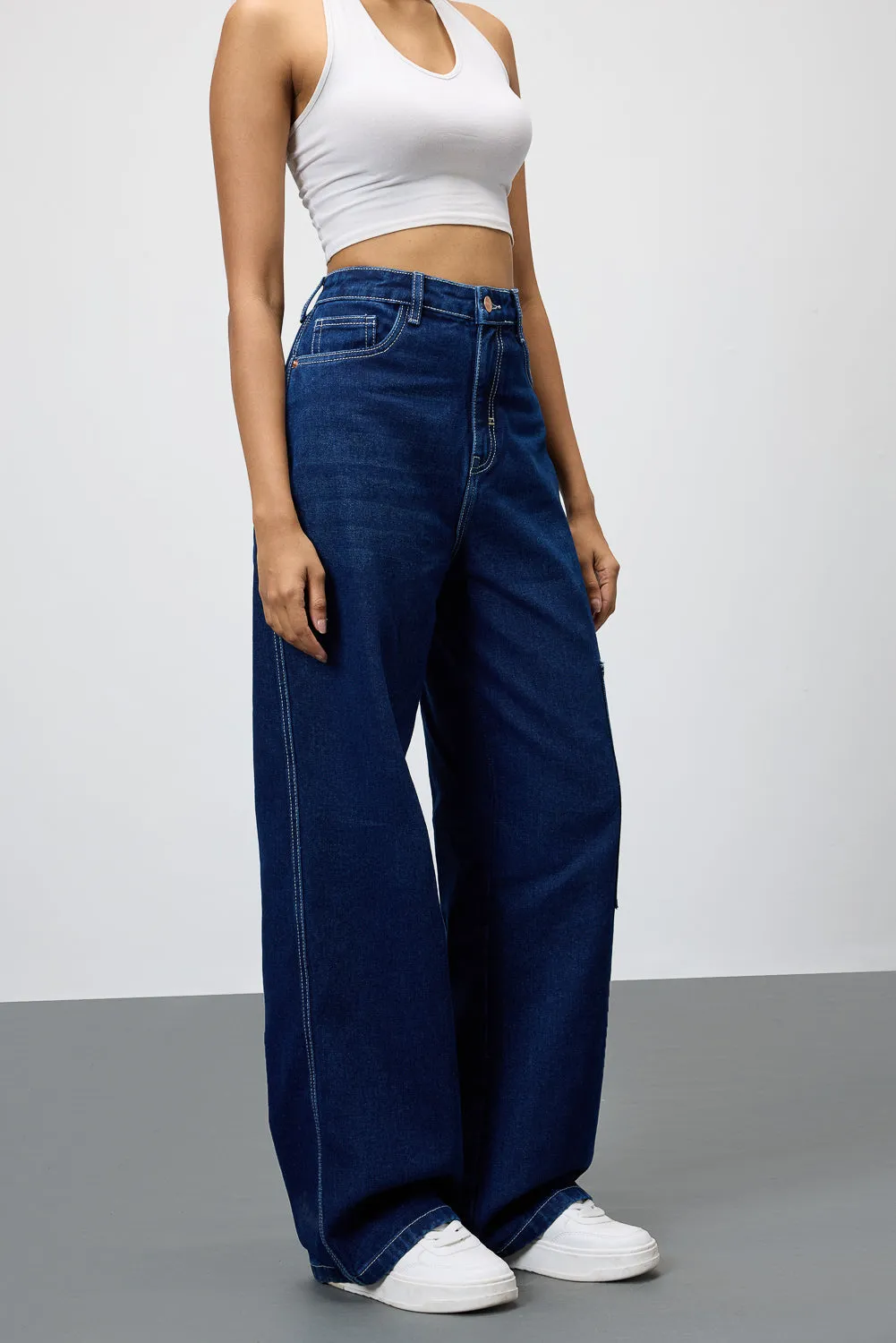 Athlete Fit High Quality Urban Look Blue Pinstripe Pocket Women's Baggy Straight Cargo Pants