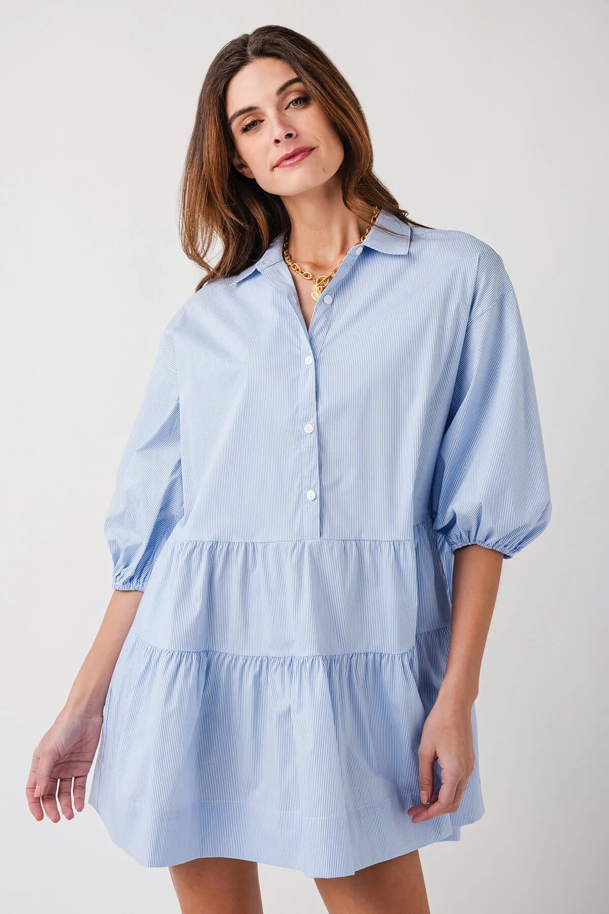 Timeless Waistband Fit Flow Friendly Elan 3/4 Sleeve Collared Tiered Dress