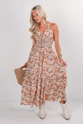 Autumn-Season FINAL SALE - Speak Your Mind Taupe Floral Halter Maxi Dress