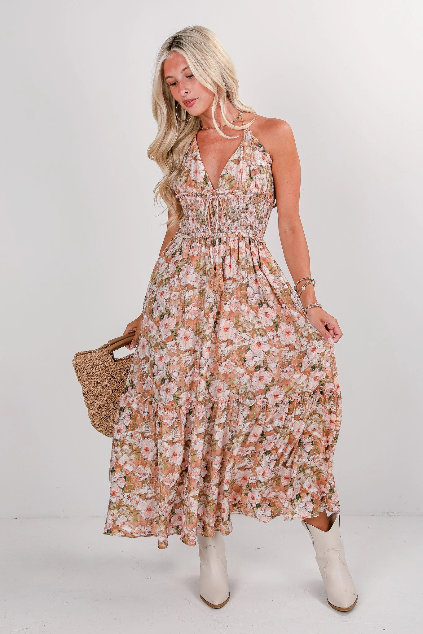 Minimalist Elegance FINAL SALE - Speak Your Mind Taupe Floral Halter Maxi Dress
