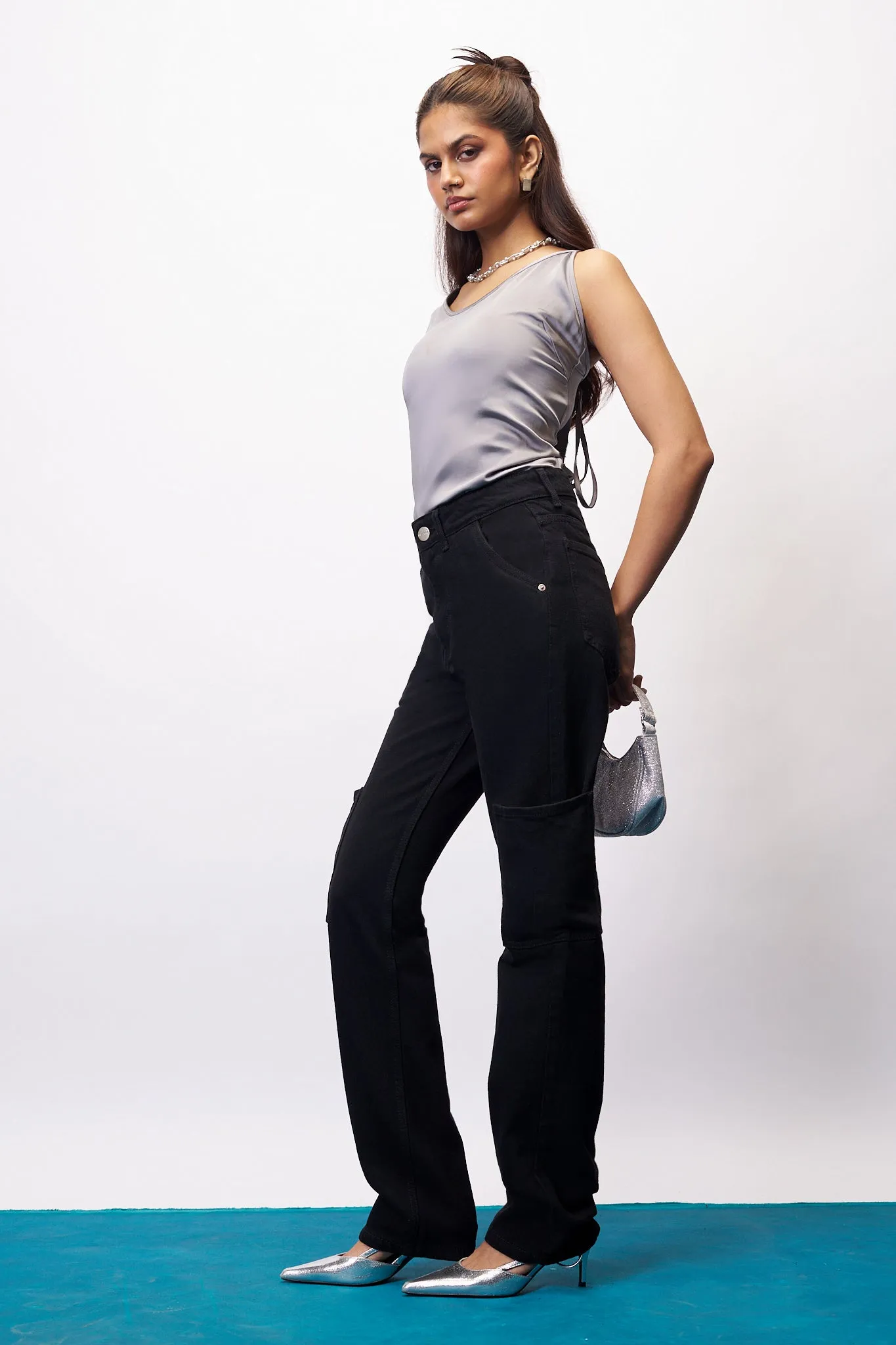 Elevated Noir Women's Straight Cargo Jeans Non Irritating Inner Lining