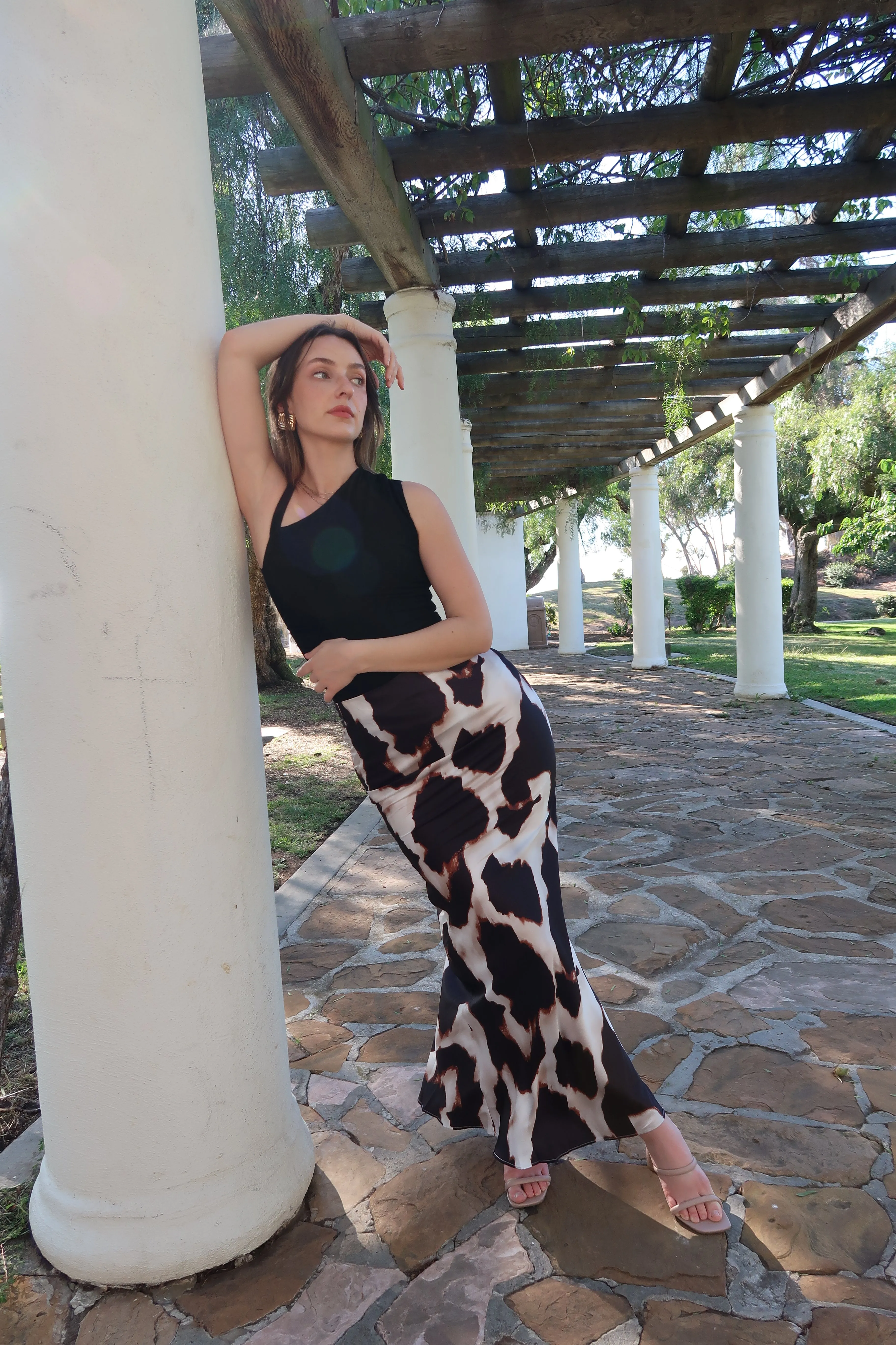 Elsie High Waist Abstract Print Midi Skirt Cream Wrap Closure