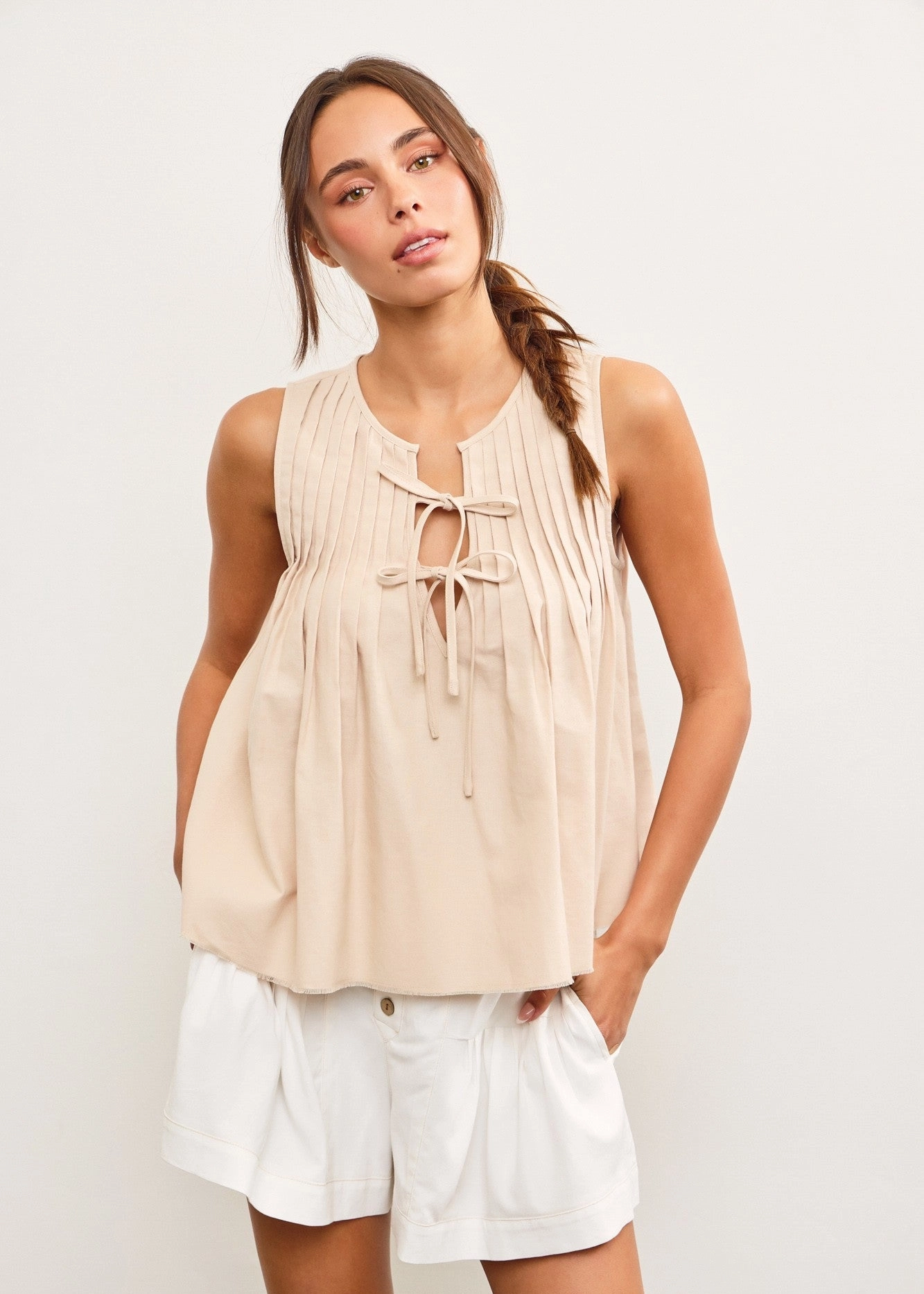 EMMA TIE FRONT PLEATED TOP Double Layered Panels Laser Cut Edges