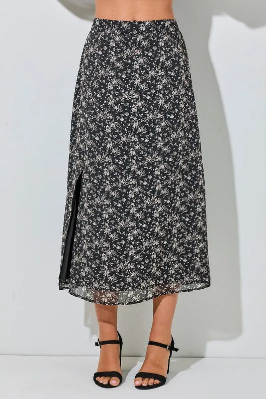 Emmerson High Waist Floral Midi Skirt Black Lightweight Material Ankle length