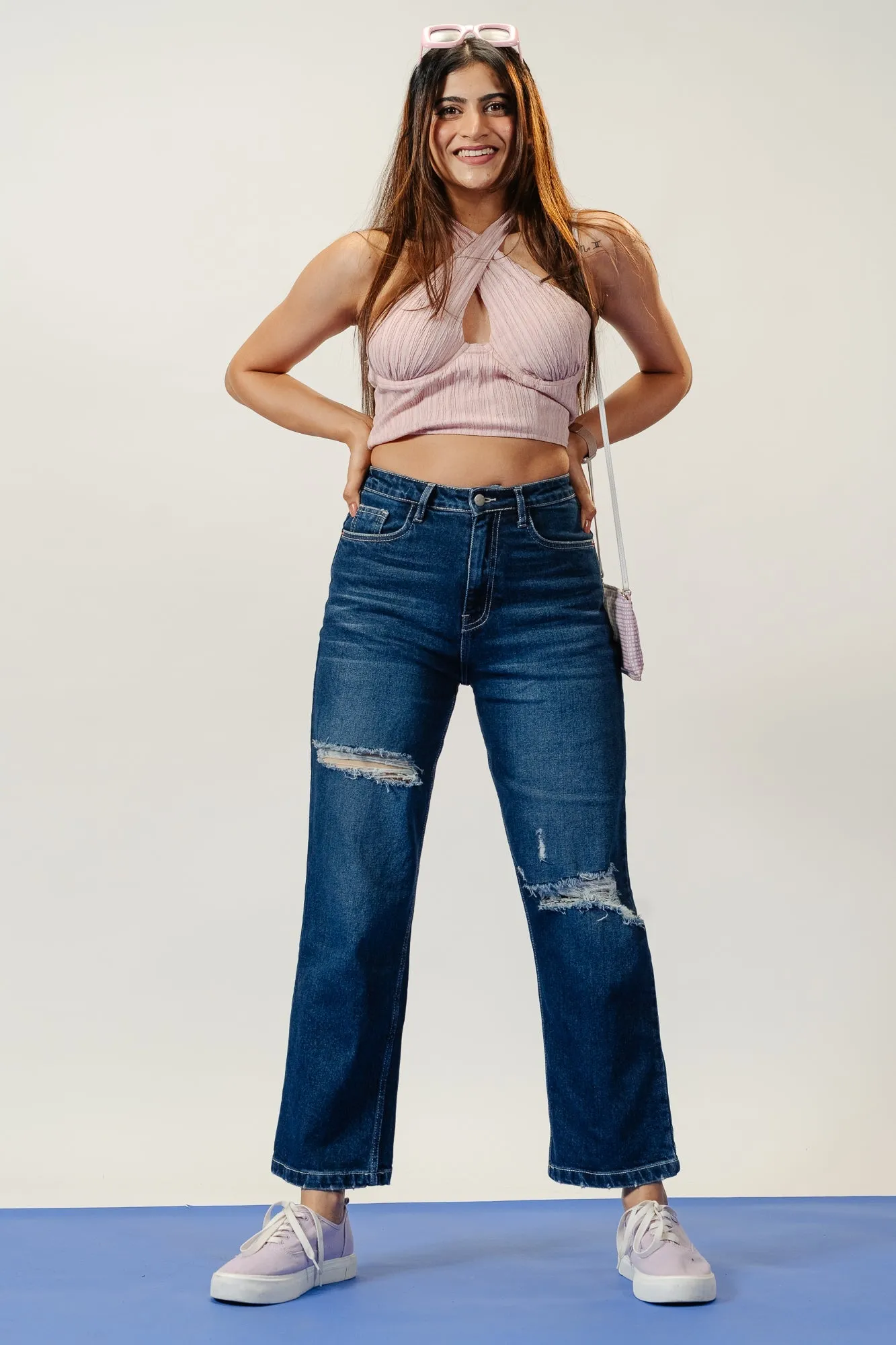 Indigo Distress Women's Straight Jeans Comfy Choice Smart Utility