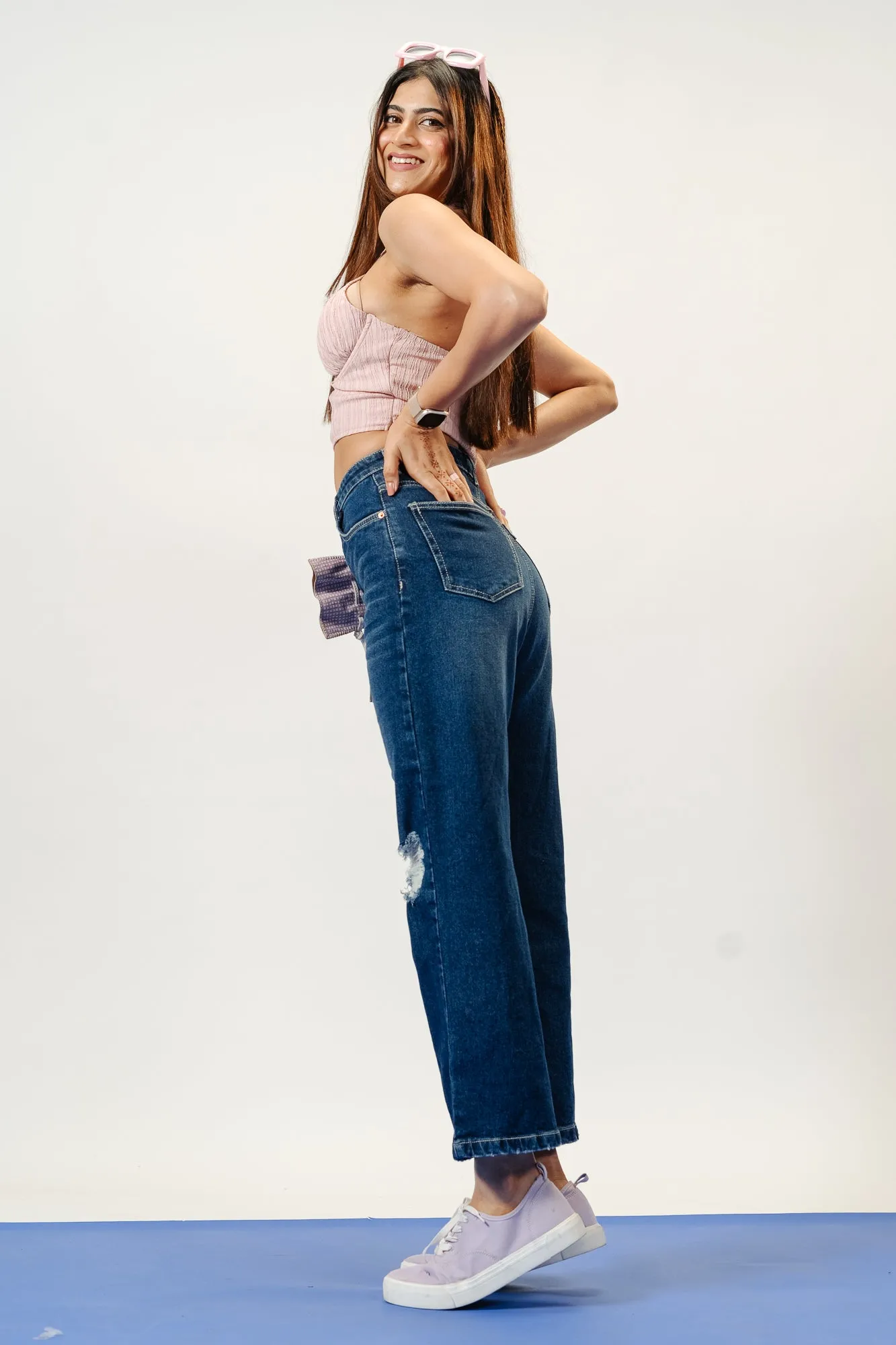 High Quality Eco Friendly Indigo Distress Women's Straight Jeans