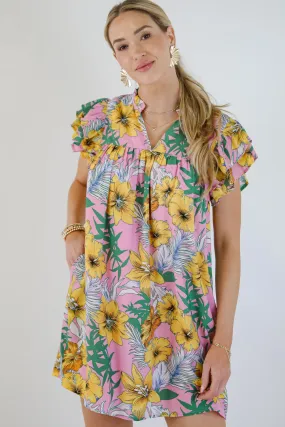 FINAL SALE - Up To Fate Pink Floral Mini Dress Bishop-Sleeve