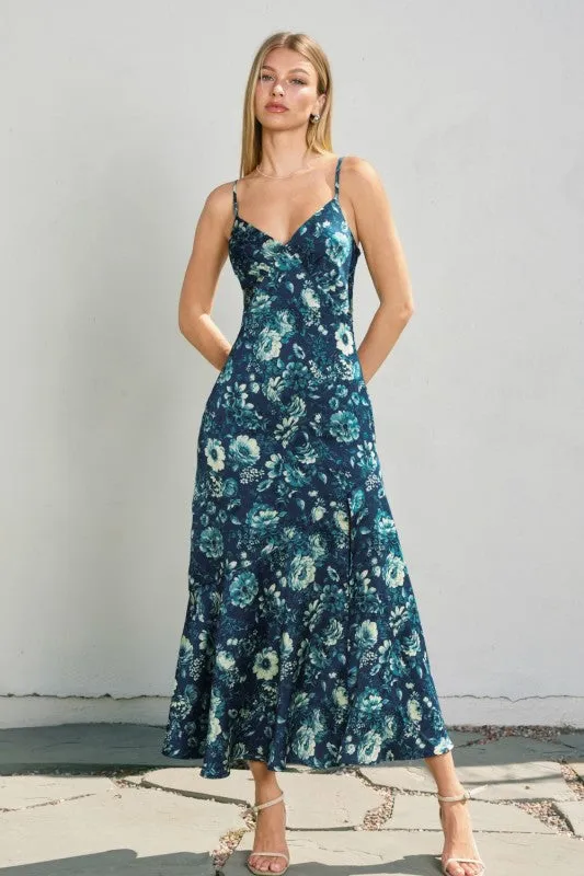 Vibrant Layer Waitlist 10/15 ? Teresa Sleeveless Back Tie Floral Print Midi Dress Navy