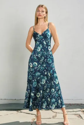 Happy Glow Waitlist 10/15 ? Teresa Sleeveless Back Tie Floral Print Midi Dress Navy