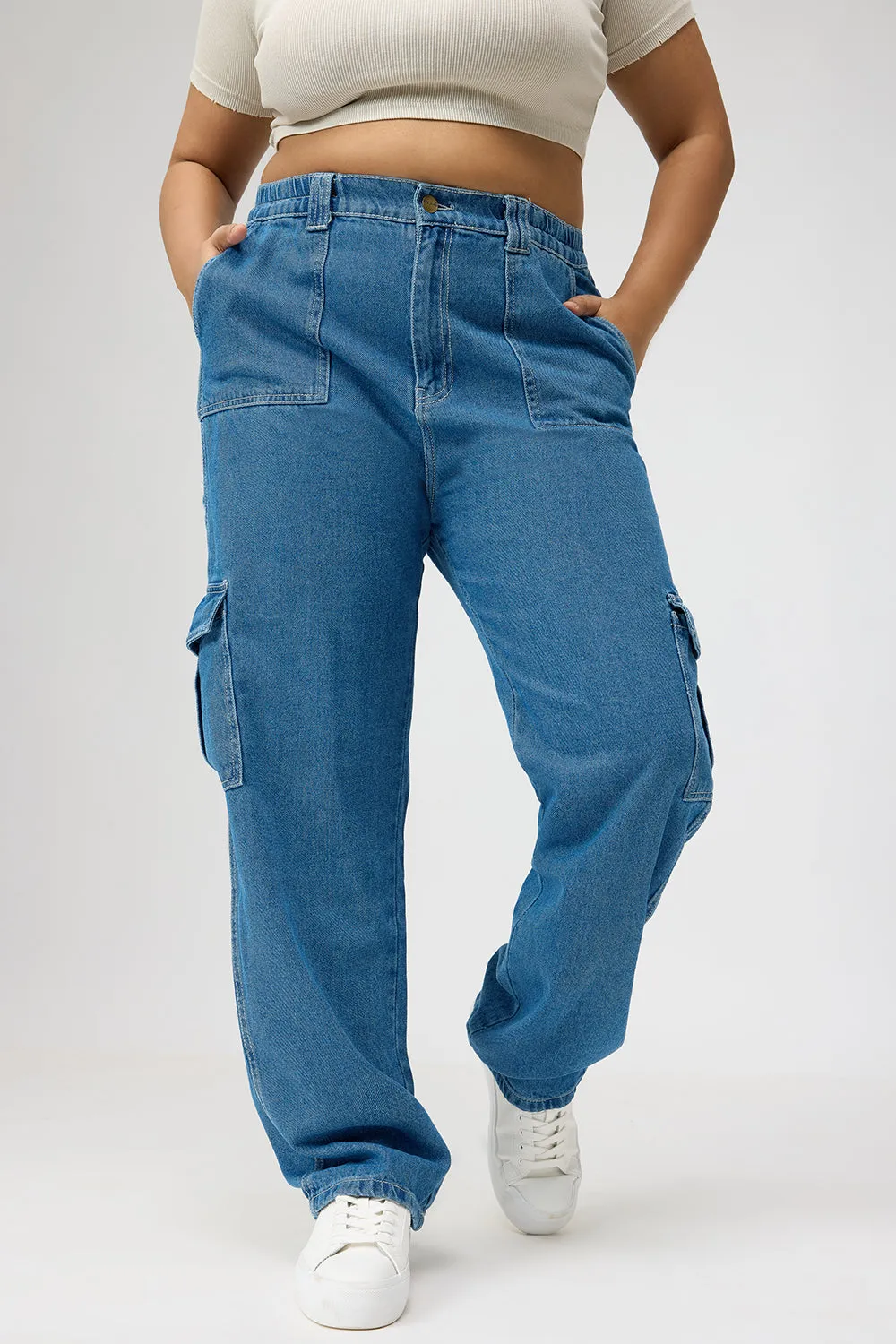 Curve Mid Blue Straight Cargo Jeans Simple Touch Fit Anytime