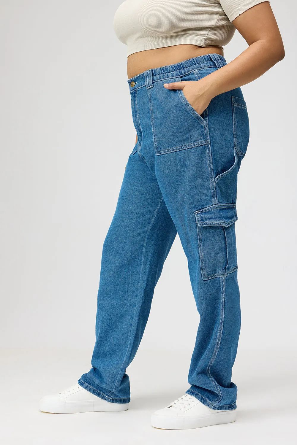 Curve Mid Blue Straight Cargo Jeans Party Look Earthy