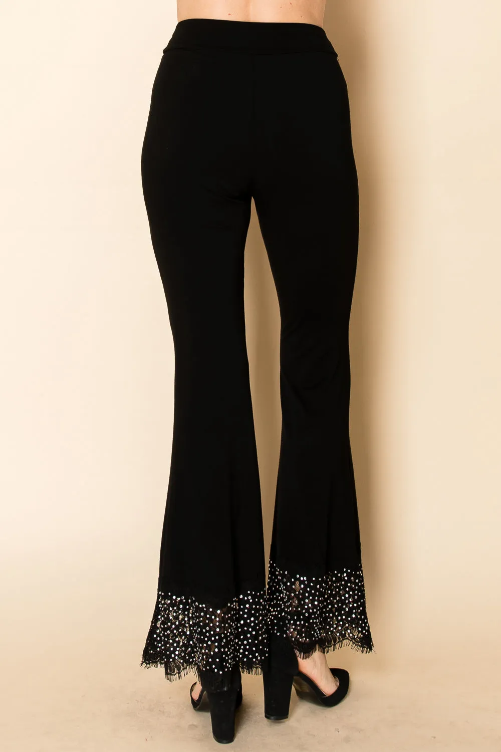 Black Flared Knit Pants with Lace & Crystal-Embellished Hem Outdoor Use Flexible Knees