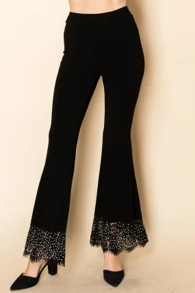 Black Flared Knit Pants with Lace & Crystal-Embellished Hem Comfy Ease Performance Ready