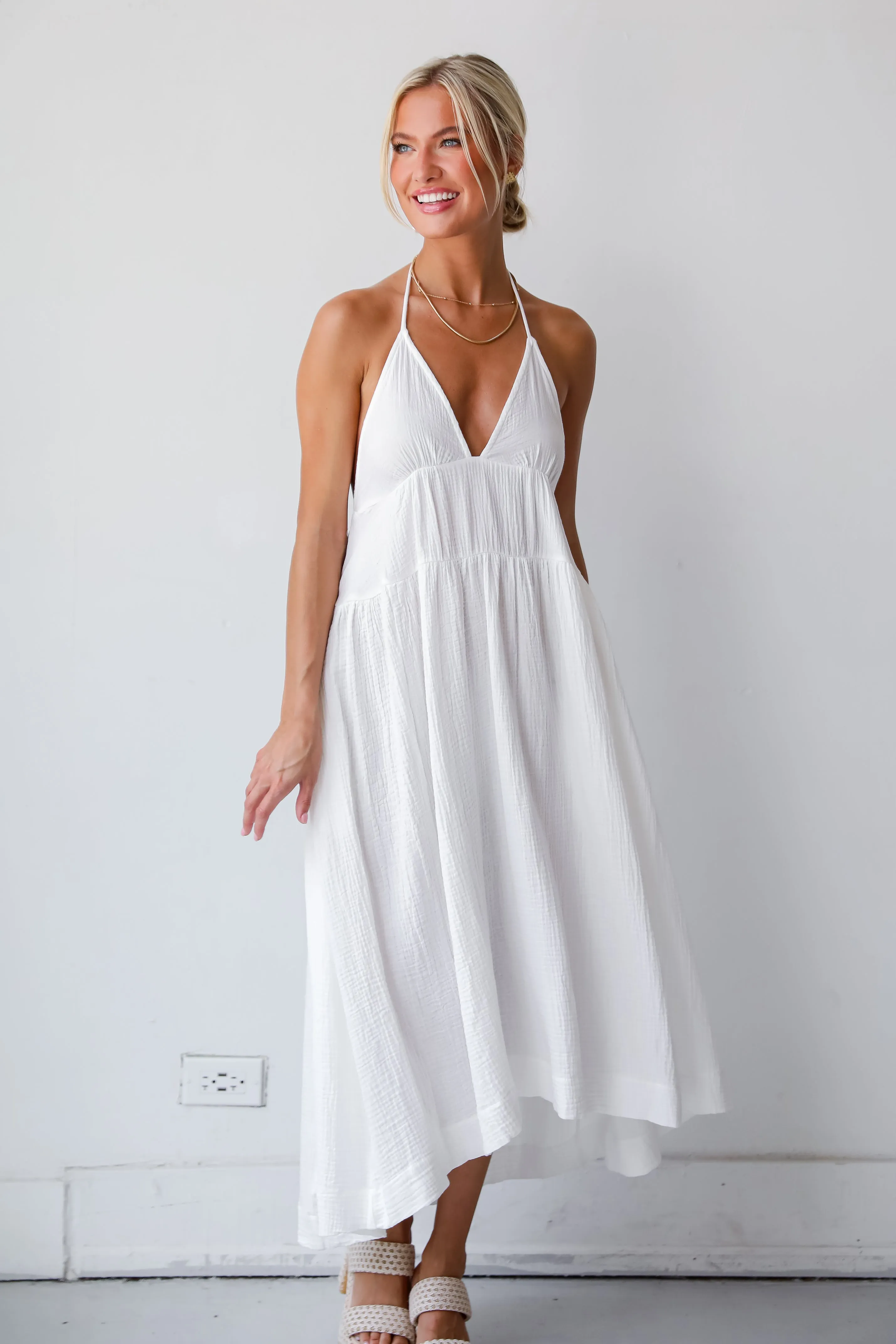 Memorable Entrance White Linen Halter Midi Dress breathable fabric dress