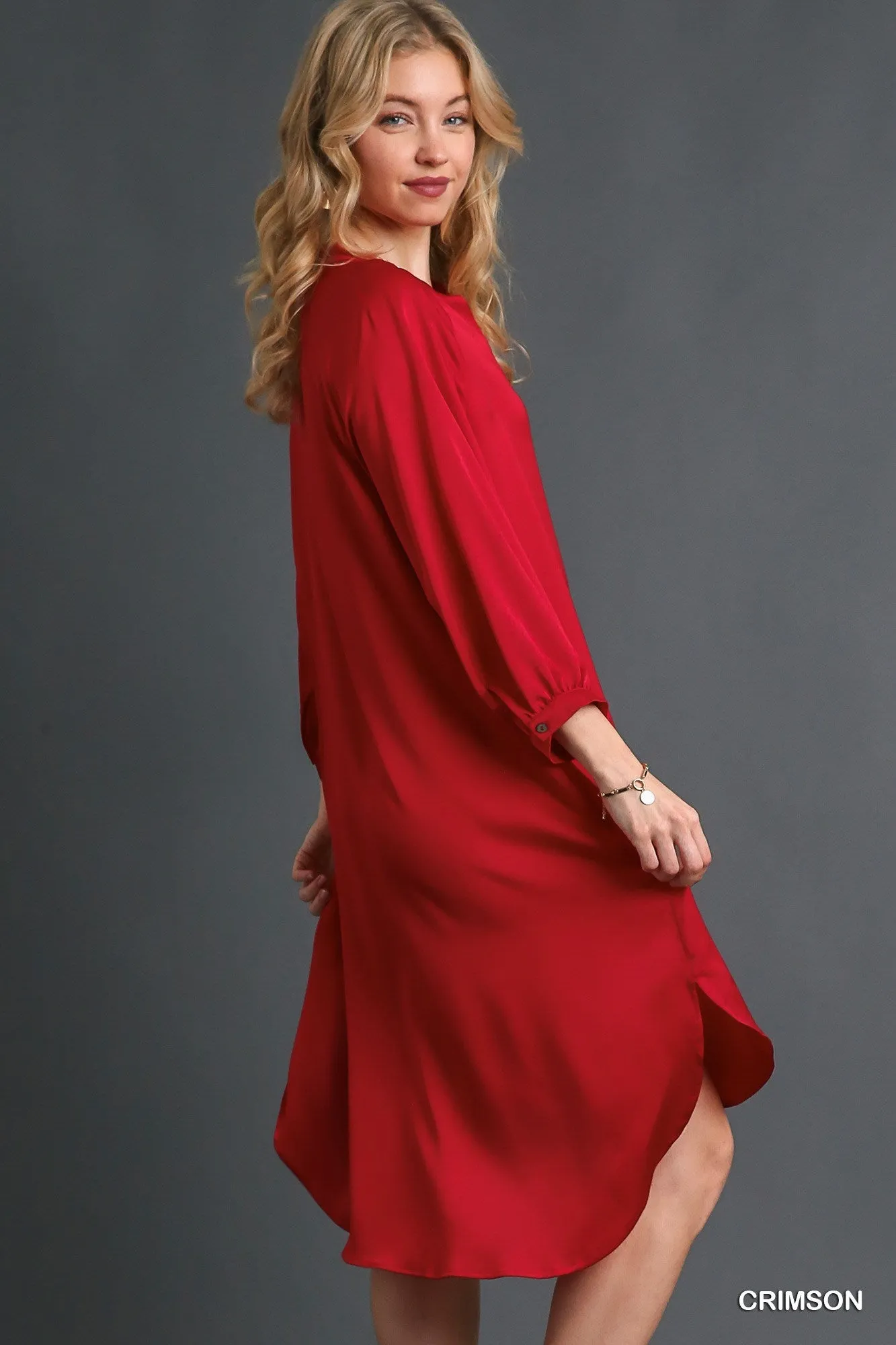Chill Piece Crimson Red Satin Button Down Midi Dress