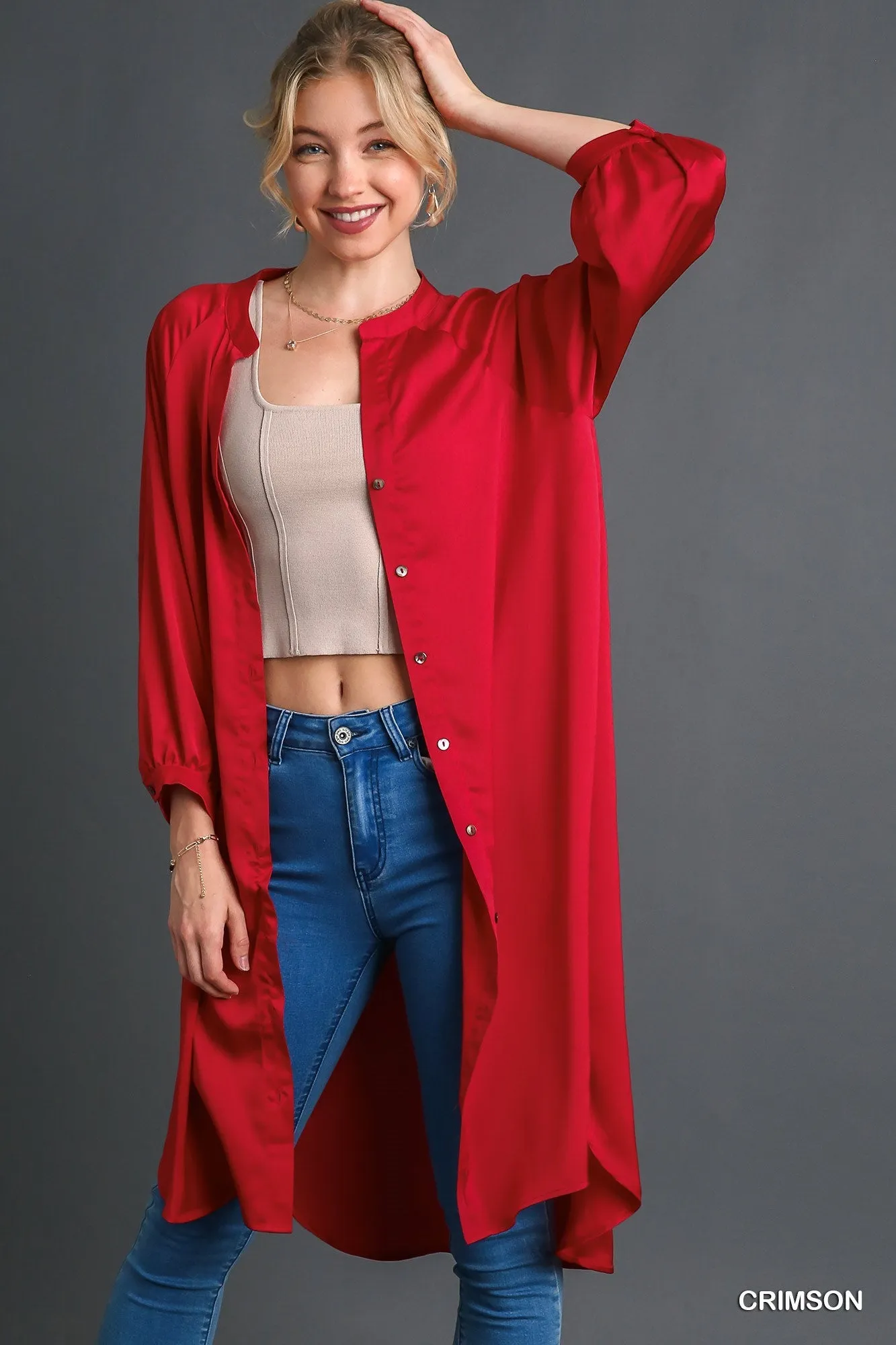 Crimson Red Satin Button Down Midi Dress Romantic Mood Feminine Style