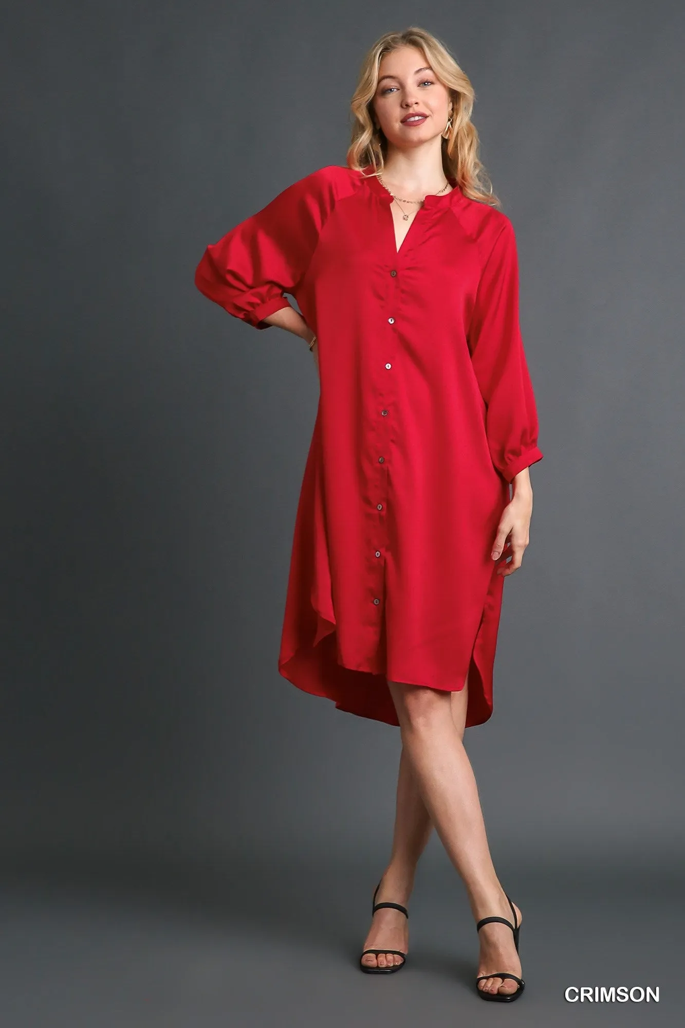 Crimson Red Satin Button Down Midi Dress Calm Tone
