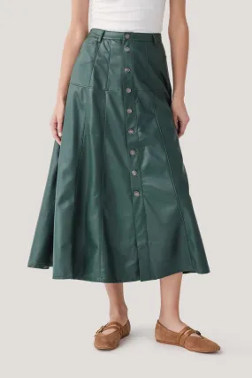 Stretch Material Water Repellent Finish Fate Faux Leather Button Front A-Line Midi Skirt