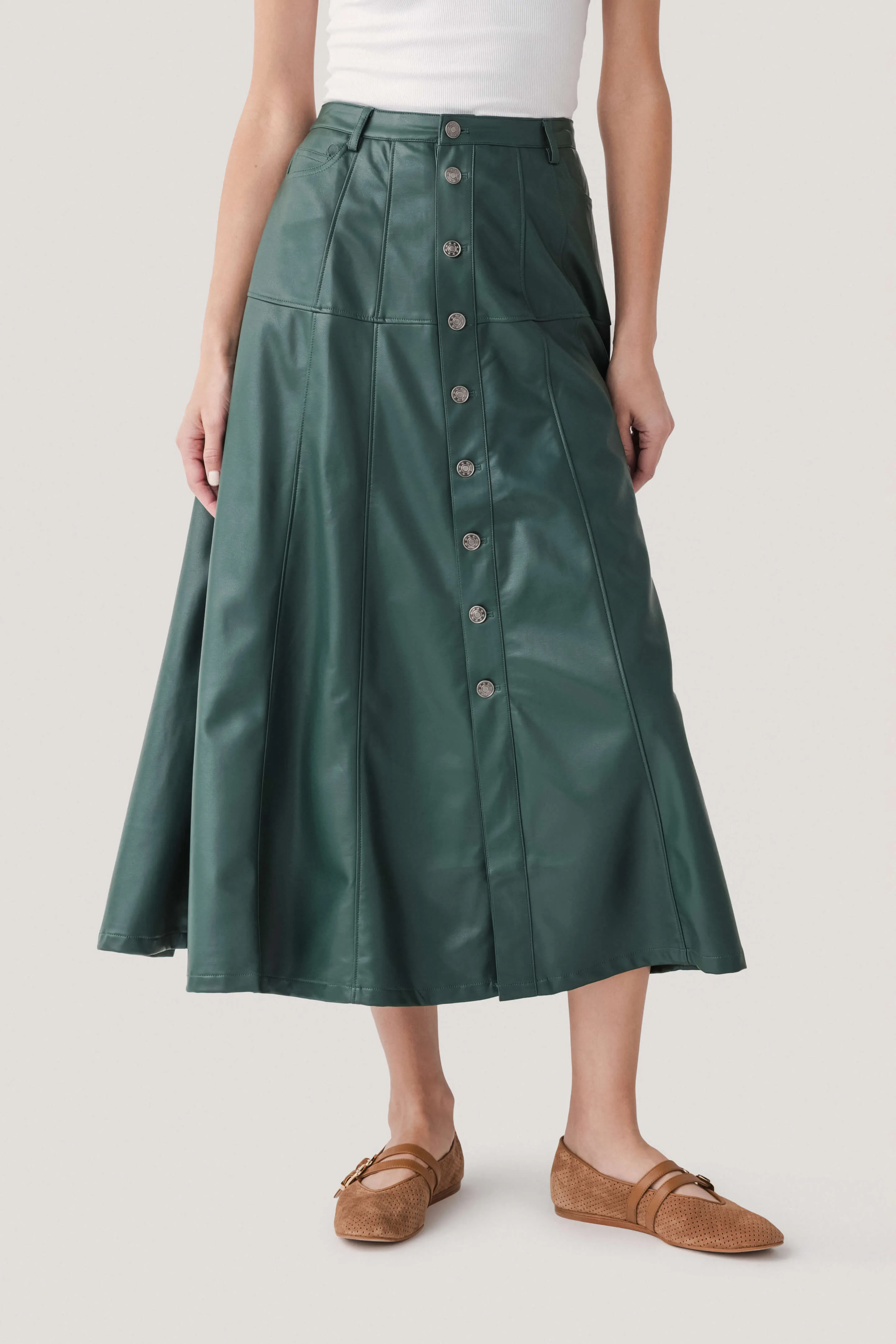 Stretch Material Water Repellent Finish Fate Faux Leather Button Front A-Line Midi Skirt