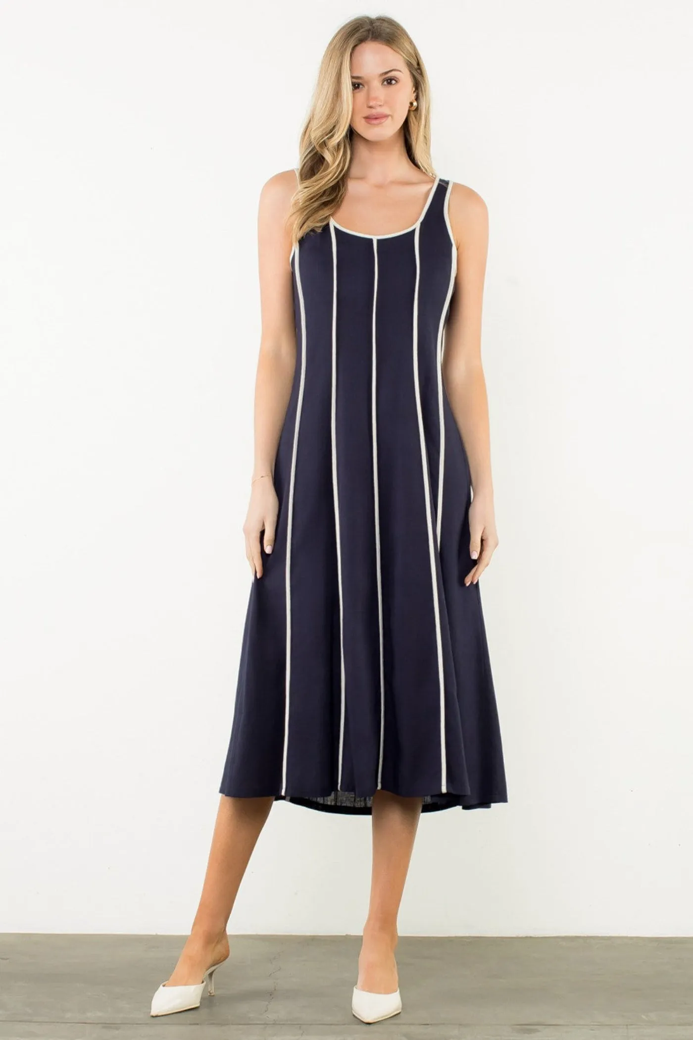 Glam Touch LACY VERTICAL TRIM SLEEVELESS MIDI DRESS